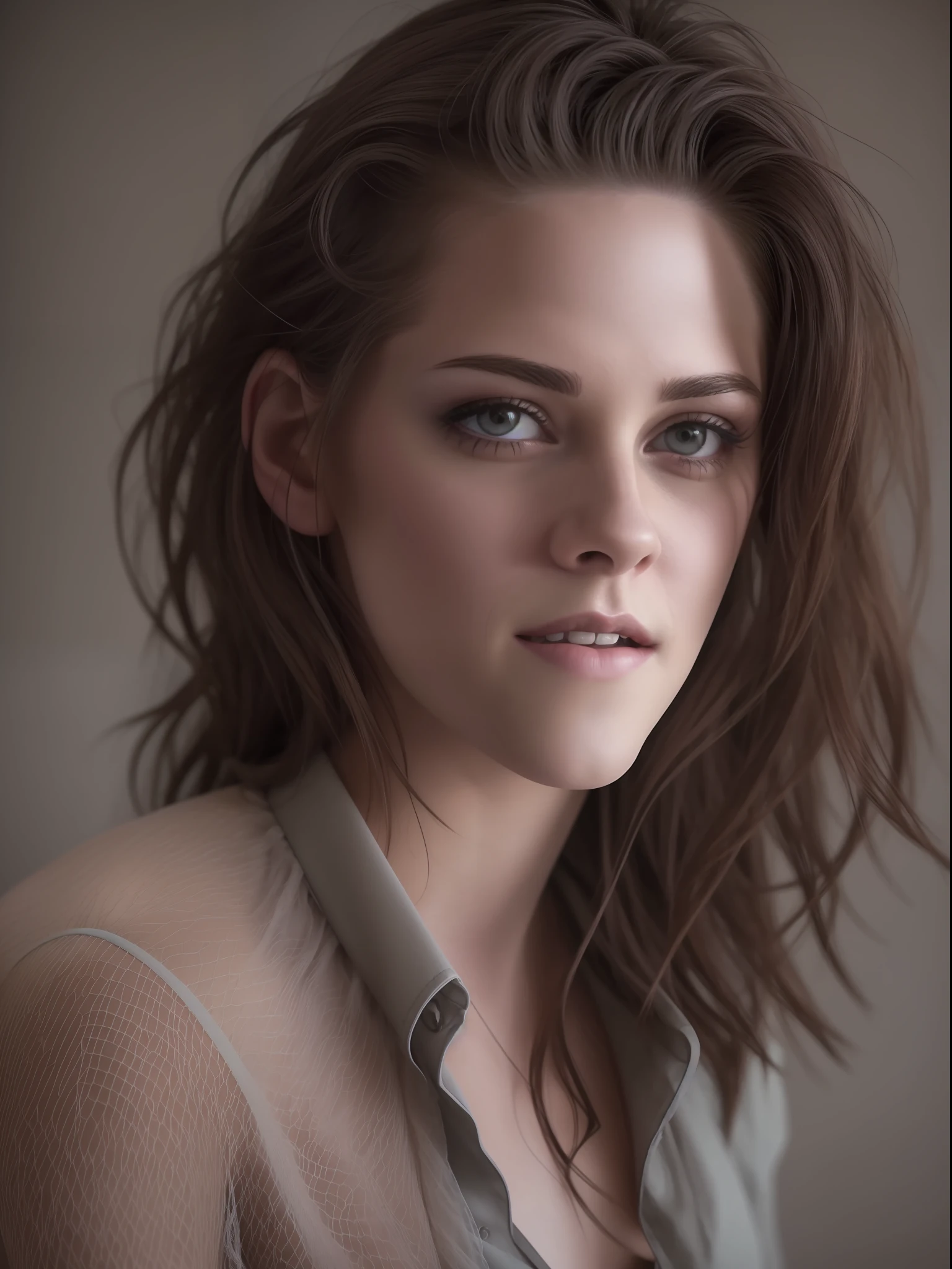 Kristen Stewart, portrait, Lovely face, pretty eyes, vampire teeth, legwear, panties, Bauchfrei, offene bluse, Spaltung, portrait, shy smile, offene Augen, award-winning photograph, best qulaity, full-body, Portrait 400, f2. 8, natural colors, detaillierte Texturen, natural lightting, Zeiss, Mittelformat, bokeh, Blickkontakt