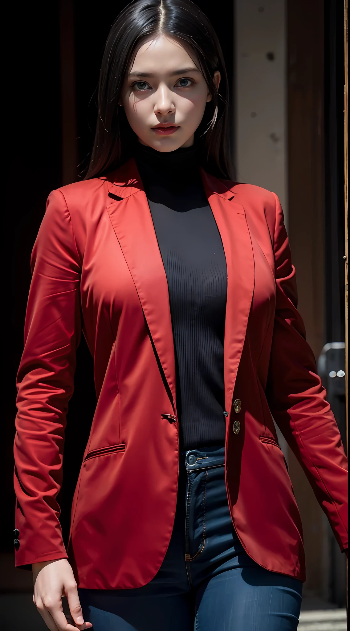 Best quality, masterpiece, ultra high res, (photorealistic:1.4), raw photo, 1girl, black hair, blue eyes, detailed eyes and face, red suit, dynamic lighting, in the dark, deep shadow, low key, cowboy shot, full-lenght body