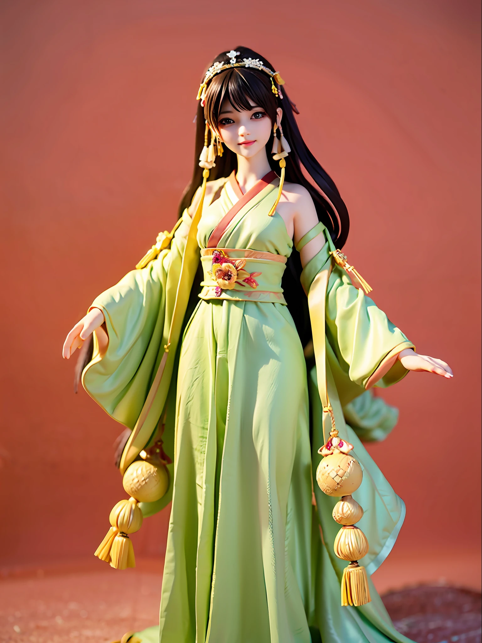 tmasterpiece，best qualtiy，（realisticlying，realisticlying：1.4），（RAW photos：1.2），Very detailed CG unity 8K wallpaper，Very fine and beautiful，Amazing Cleavage，offcial art，absurderes，unbelievable Ridiculous，hugefilesize, ultra - detailed, The is very detailed, Nice detailed girl, very detailed eyes and faces, Beautiful detailed eyes, There is light on the face,Black hair，long whitr hair，1girll,（hanfugirl），smallunderboob，Chinese style，Traditional Hanfu，Realistic characters，（solid color backdrop），中景 the scene is，Full body like