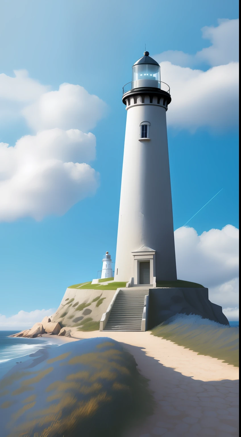 arafed lighthouse on a hill with a blue sky in the background, monument, cape, imposing, monumental, lighthouse, light house, istock, a tall, a monumental, pillar, tower, light on top, by Vincenzo Cabianca, high quality photos, large tall, tourist destination, stock photo, laputa, photostock, multilayer