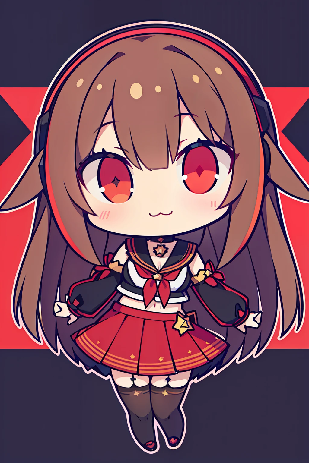 ((Masterpiece, highest quality)), (Best Picture:1.2), (Best Quality:1.3), looking at viewer, Q version, full body, finely detail, detailed face, full of details, highly detailed, depth, 1girl, girl in a skirt and headphones, :3, long hair, bangs, multicolored hair, streaked hair, [[brown hair]], [[[[[[pink hair]]]]]], black bra, detached sleeves, red skirt, pleated skirt, stockings, black choker, red eyes, ((star-shaped pupils))