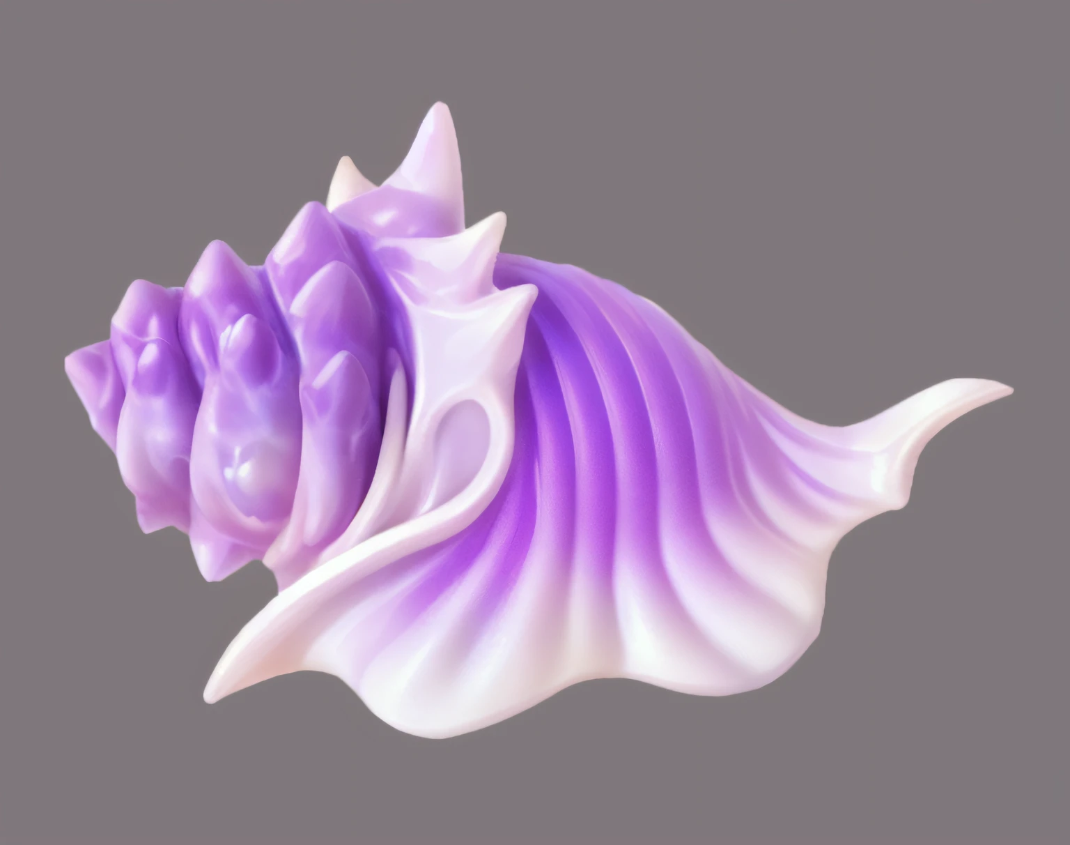 Purple and white shells on gray background, hyper detailed conch shell, pointy shell, spike shell, conch shell, seashell, normal map, sea shell, Large shell, shells, rendered illustration, 3 d render stylized, airbrush render, Stylized 3 D, stylized as a 3d render, smooth carapace