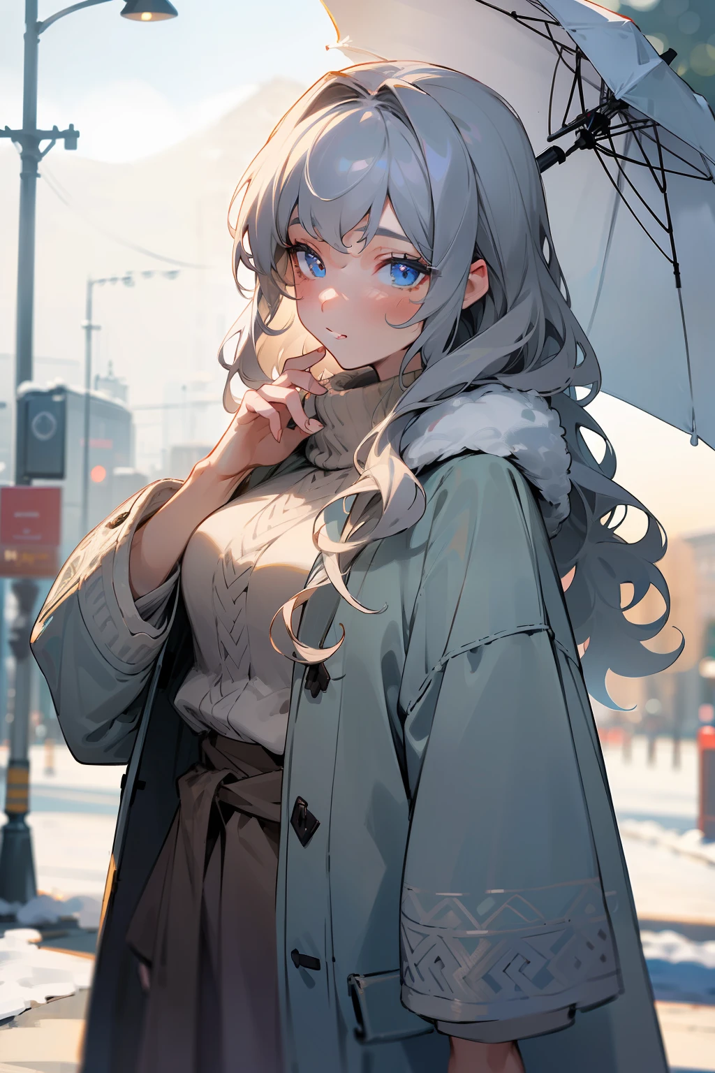 (masterpiece, best quality), intricate details, 8k, sharp focus, (bokeh) (best quality) (detailed skin:1.3) (intricate details) (8k) (detailed eyes) (anime) (perfect face) grey hair, blue eyes, wavy hair, medium hair, beautiful, modern, girl, bright, outdoors, winter, model, pose, coat, fur, knitwear