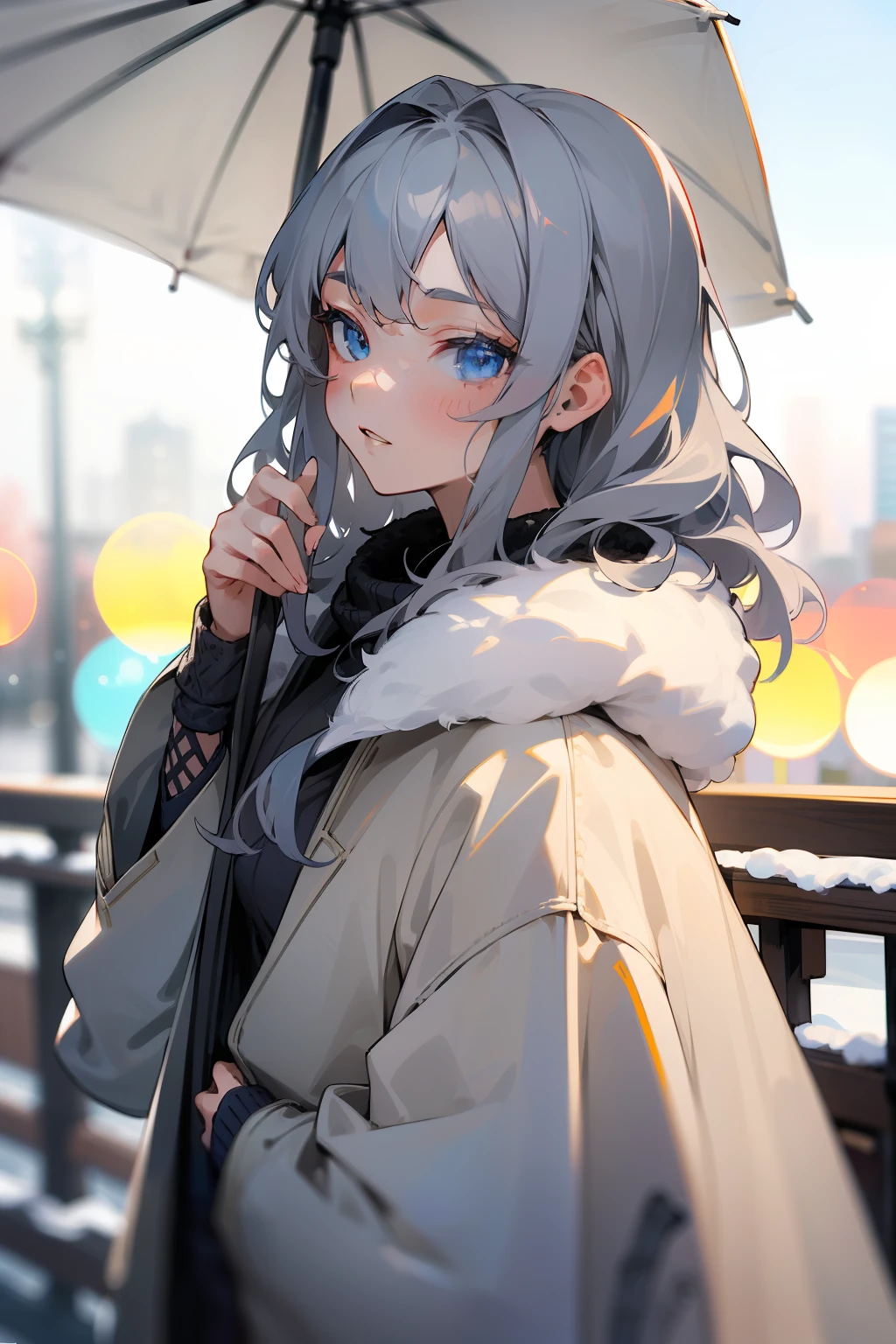(masterpiece, best quality), intricate details, 8k, sharp focus, (bokeh) (best quality) (detailed skin:1.3) (intricate details) (8k) (detailed eyes) (anime) (perfect face) grey hair, blue eyes, wavy hair, medium hair, beautiful, modern, girl, bright, outdoors, winter, model, pose, coat, fur, knitwear