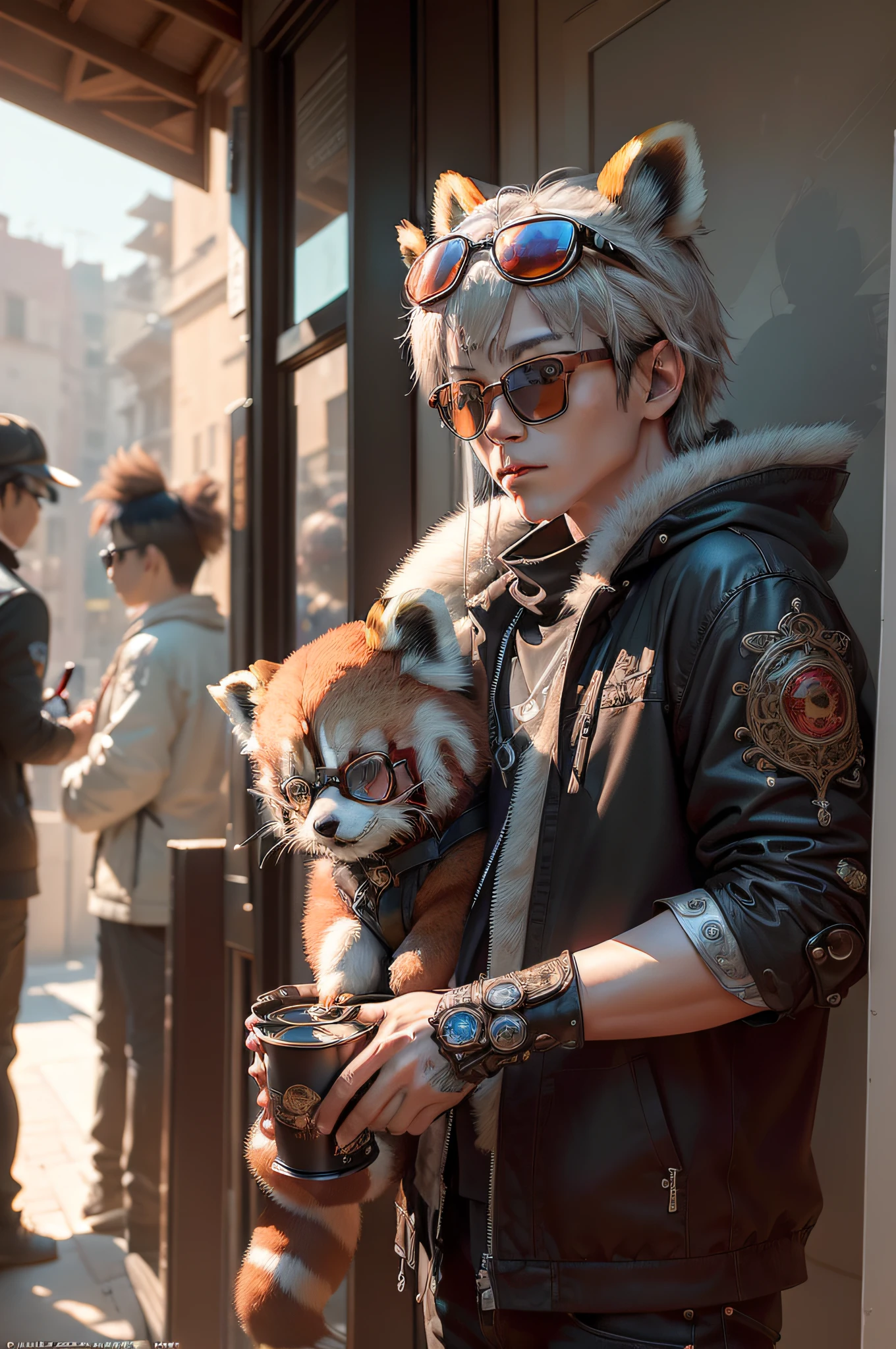 (Photorealsitic:1.4)、(masterpiece:1.3)、(top-quality:1.4)、超A high resolution、(1 Neuter Boy:1.2)、(Metal Silver-Haired Red Panda)、(cyborgs:1.1)、(Sunglasses with round glasses:1.1)、(1 pair of glasses)、(Cool:1.2)、(intricate-detail)、(intricate-detail、ultra-detailliert:1.2)、Cinematic shots、vignettes、central