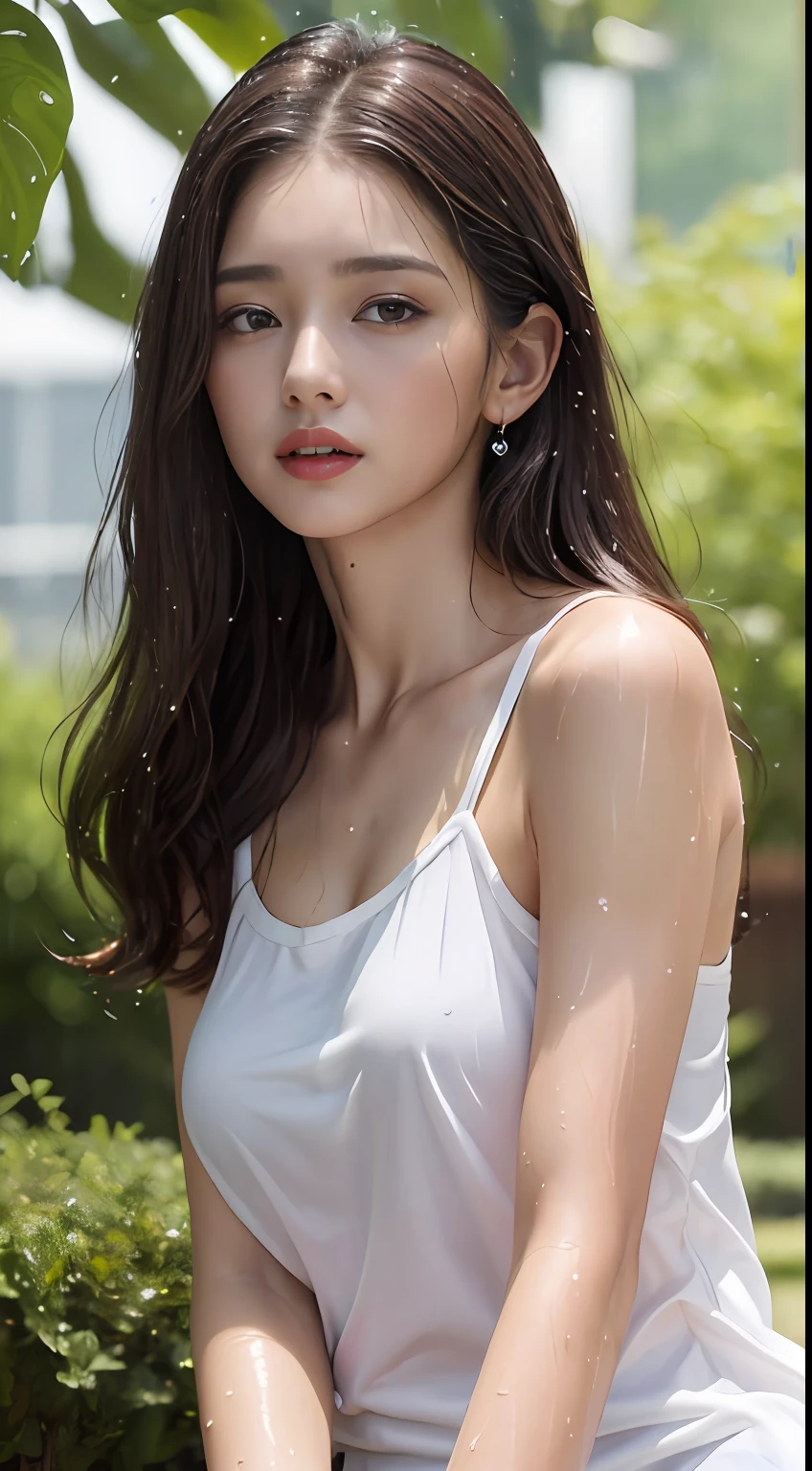 (Best quality, 4k, Masterpiece :1.3), pretty woman, 1girl, sexy :1.1, dark brown hair: 1.1, (rainy wet, wet from rain, wet body :1.2), white tank tops, ultra-detailed face, detailed lips, detailed eyes, double eyelid