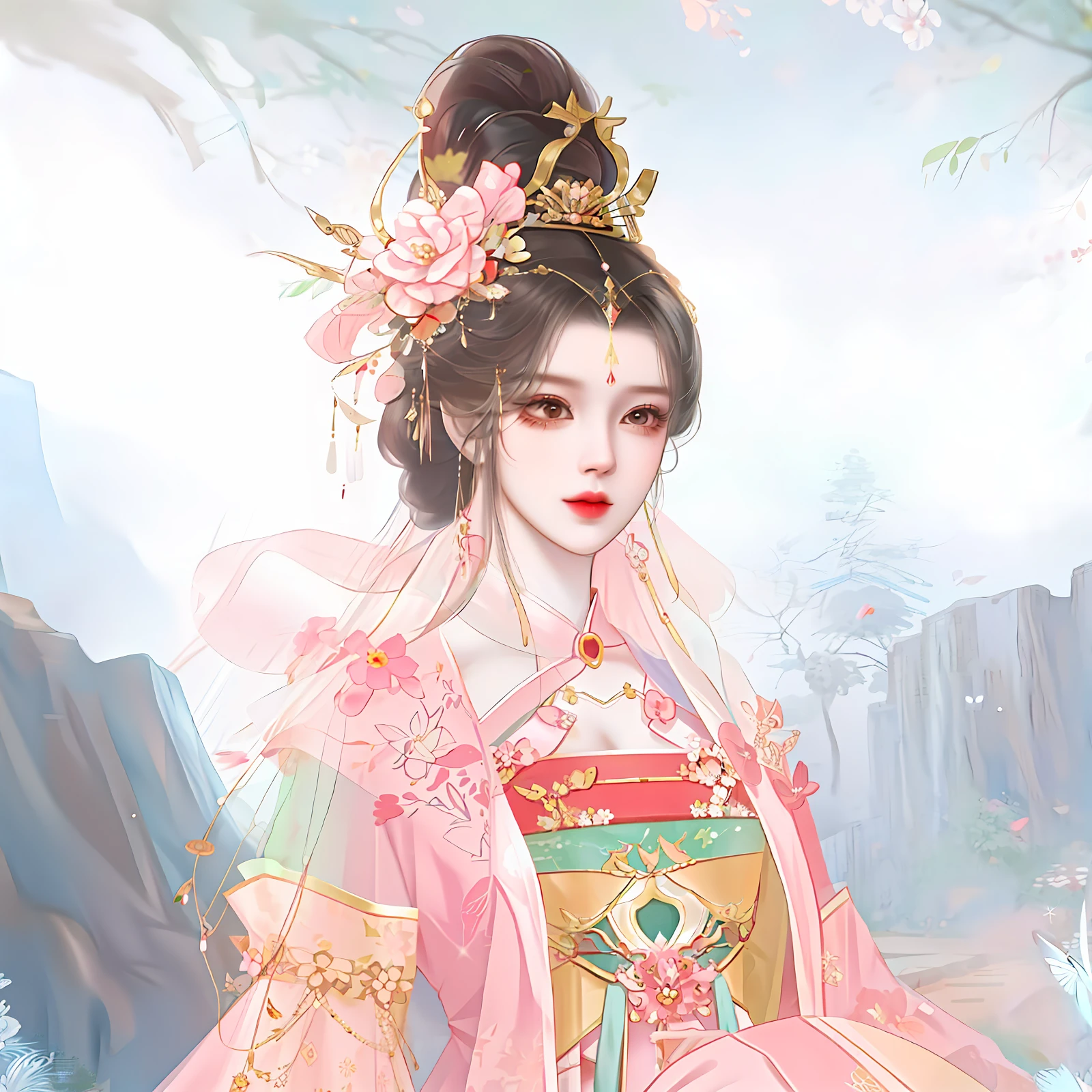 oriental girl,Works of masters,It is engaging and beautifully composed,Her figure is curvy,Enough to be a masterpiece。The painting is undoubtedly super detailed,Her figure is curvy,Best picture quality,Higher quality,high detal, 超高分辨率, 8K分辨率, depth of fields, cinematic photogtaphy, intricately details, carefully, meticuloso, glorious, max detail, extreme beautiful, (((1girll, 独奏))), A picture, tmasterpiece, (Best picture quality), Higher quality, high detal, 超高分辨率, in a panoramic view, Exquisite facial features, s the perfect face,Detailed digital anime art,There is a woman in a pink dress and a flower crown, a beautiful fantasy empress, Palace , A girl in Hanfu, Inspired by Lan Ying, Princesa chinesa antiga, ((a beautiful fantasy empress)), Inspired by Qiu Ying, inspired by Ma Yuanyu, inspired by Park Hua, China Princess, Beautiful rendering of the Tang Dynasty, trending on cgstation