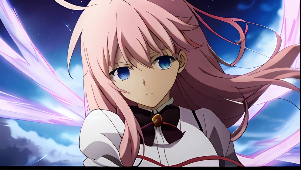 Anime girl with pink hair and blue eyes in a white dress, madoka kaname, anime girl named lucy, close up iwakura lain, reisen udongein inaba, with huge luminous sad eyes, female anime character, optic, killy from blame!, anime style like fate/stay night, screenshot from a 2012s anime