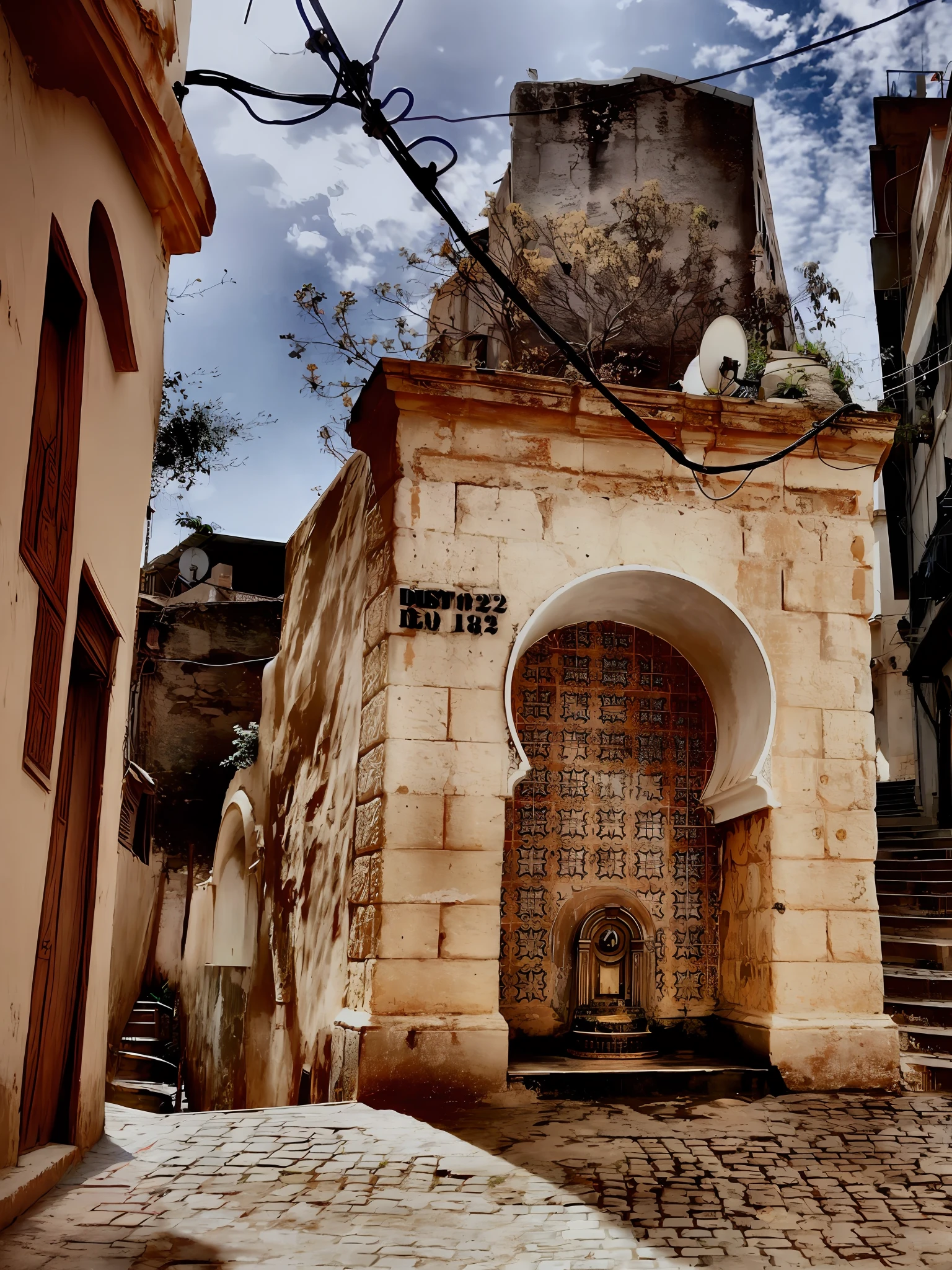 a close-up of a building with a door and steps, Vieille ville, par Riad Beyrouti, Ville marocaine, Architecture mauresque, Moroccan Mosque, inspired by Alberto Morrocco, Marocain, dans une ville riche en histoire, mesmerizing, Vieille ville, Arrues de tuiles marocaines, Streets of the ancient city behind it, Maroc, stunning image, very ornate
