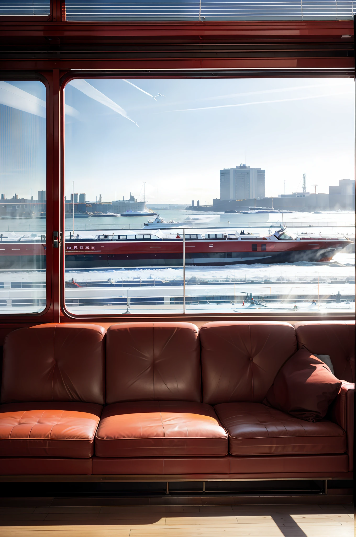View of the interior window of the train with red seats,Huge windows filled with sunlight,Sunny weather in Finland,Panoramic view of the snowy Helsinki Harbour,Numerous vessels,Soaring seagulls,Light and shadow flowing in the carriage,The vast ocean outside the window。