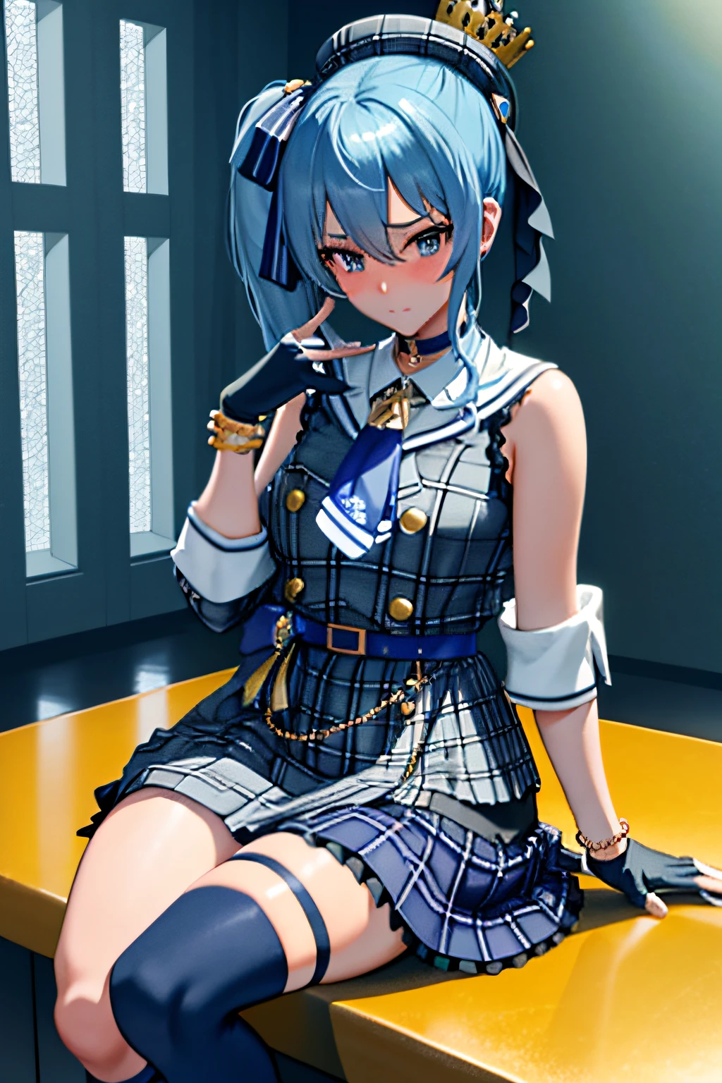 （tmasterpiece，k hd，hyper HD，4K side ponytail， hoshimachi suisei， Fingerless gloves， Single thigh height， jewely， single sock， thigh band， bangle， Blue socks， Button， One knee high， Plaid dress， Blue choker， blue sash， Plaid skirts， Mini crown， Gray skirt， blue ascot， longer sleeves,Ben Girl，lifting up skirt，Glossy thighs，sitting at bar，From the angle below，Elevation viewing angle，Sit on a bar chair，Bar background，Neon lights，Crotch zoom camera，full bodyesbian，Blushing shyly with his head down， best qualtiy， hyper HD， （realisticlying：1.4），， A high resolution， the detail， RAW photogr， Sharp Re， Nikon D850 Film Stock Photo by Jefferies Lee 4 Kodak Portra 400 Camera F1.6 shots, Rich colors, ultra-realistic vivid textures, Dramatic lighting, Unreal Engine Art Station Trend, cinestir 800，