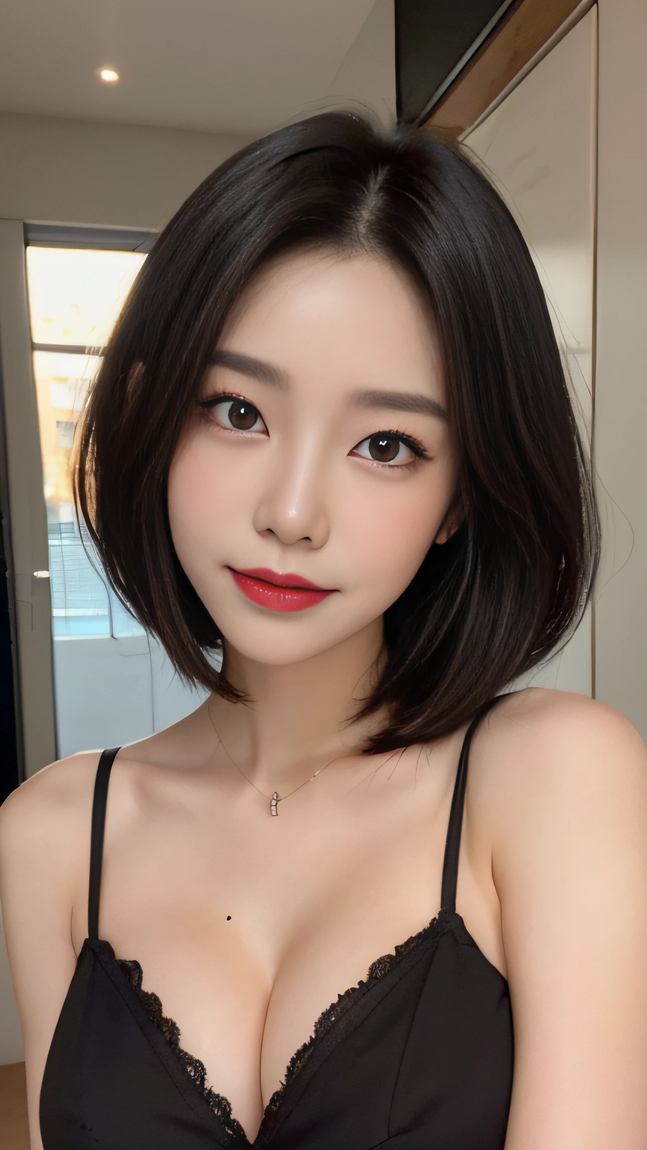 ((Best quality, 8k, Masterpiece :1.3)), Sharp focus :1.2, A pretty woman with perfect figure :1.4, Slender abs :1.2, ((Dark brown hair, Big breasts :1.2)), (Natural light, City street:1.1), Highly detailed face and skin texture, Detailed eyes, Double eyelid,short cut hair, (beautiful detailed makeup), (sexually aroused blushing heavy breathing:1.0), (soft glow bloom:0.5),mole under eye:1.4,upper body,smile:1.2
