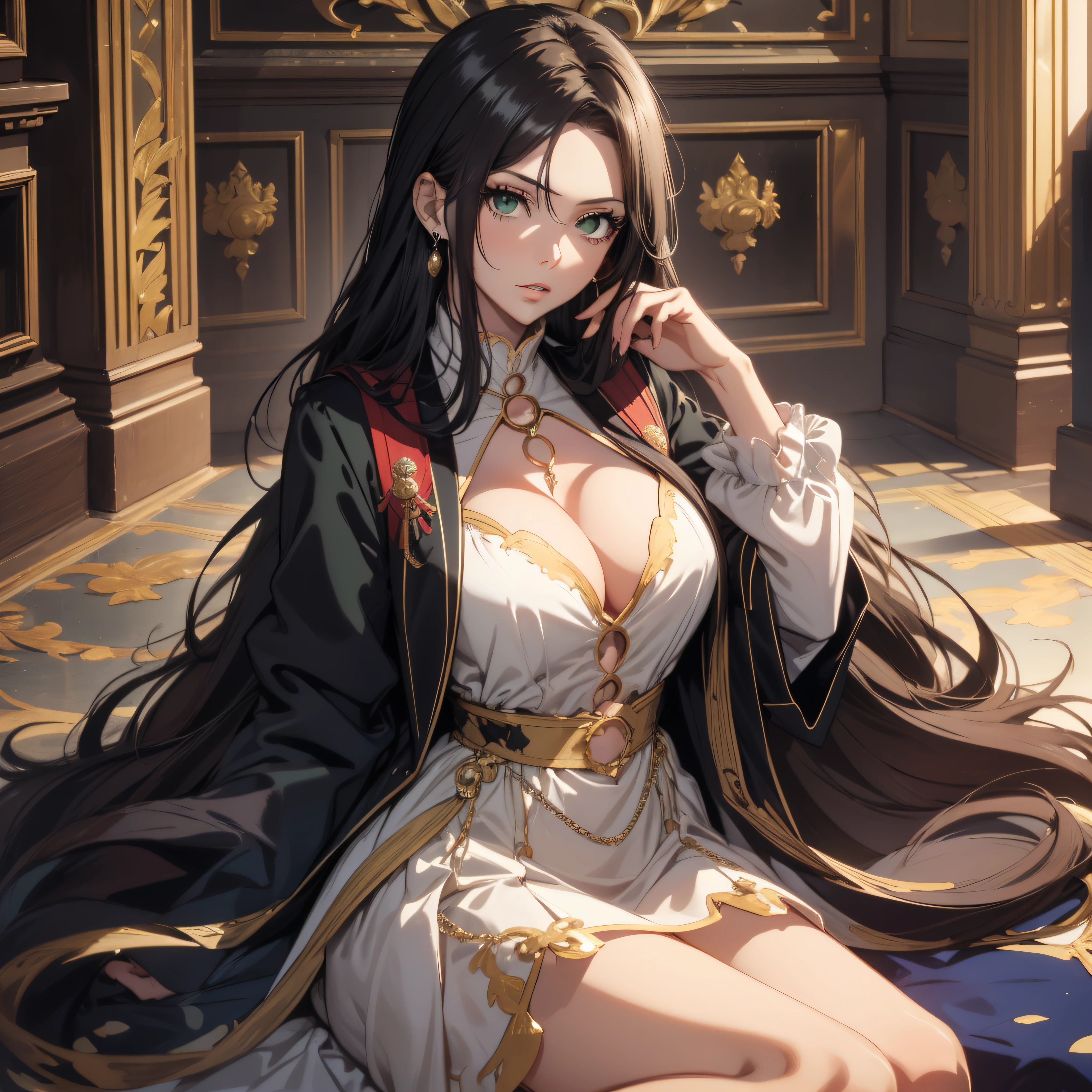 (best quality, masterpiece, ultra-detailed, extremely detailed, highres), (1girl, single, solo),  Anime girl, long raven hair, slightly wavy hair, parted bangs, cleavage, Magus, green eyes, earring, long black coat, white shirt, black skirt, aristocrat, noble attire, beautiful, ethereal, elegant, prestigious, classic, royal building, royal atmosphere, natural lips