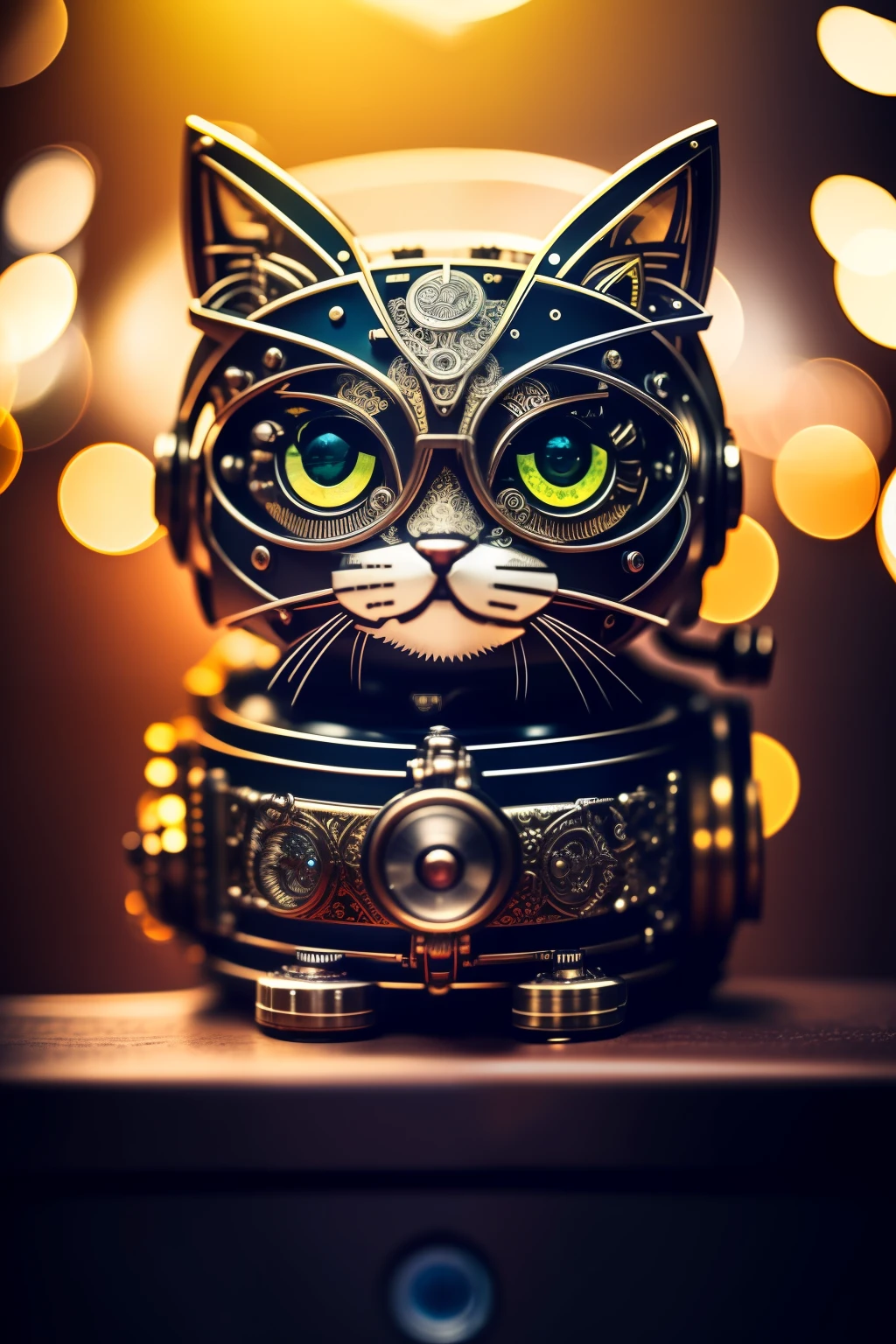 A cute fluffy kitten made of metal, robot, cyberpunk style, clockwork, ((intricate detail)), HDR, big eyes, ((intricate detail, super detail)), vacuum tube or tube, cinema lens, vignette, bokeh effect background