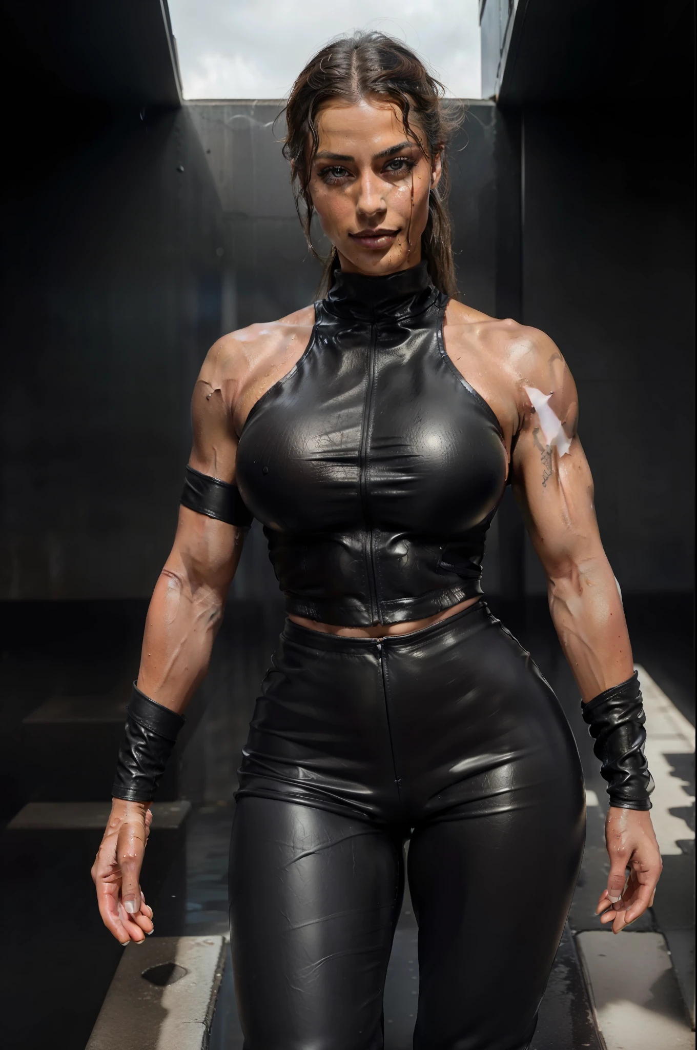 8k, ARTISTIC photography, best quality, masterpiece: 1.2), (Rhea Ripley), Solo, from above, upper body, (Intricate Details, Makeup), (evil smile 1.3), wild hair (Perfect Proportions), High-detail skin, Delicate skin, Best proportions Four fingers and one thumb, strong and realistic eyes, realistic black hair, lips, makeup, natural skin texture, Leather jacket, leather pants , red boots, (public clothing:1.3), Slightly sunburned, mature, sexy, elastic muscles, (muscles:1.3), ((strong and healthy body)), ((((more) muscles))), wet body, wet hair, long legs, curves, thick thighs, wide buttocks, thin legs, (big breasts: 1.2), thin waist, soft waist, (delicate skin), (wet body: 1.5), (beautiful and sexy woman), Lipstic black, (swollen lips: 0.9), Black eye make up (eyelashes: 1.2), very delicate muscle definition, (Looking at the viewer), (8k, RAW photo, best quality, masterpiece:1.2), (realistic, photo-realistic:1.37), looking at viewer, physically-based rendering,, extremely detailed, top of the building, clear background, futuristic city, dark night, raining, (rainy wet, wet from rain, wet body :1.5
