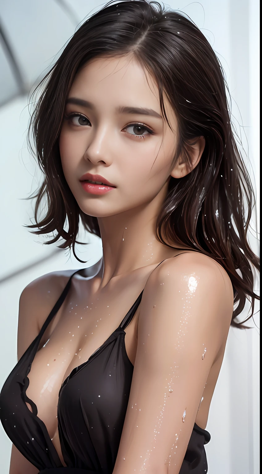 (Best quality, 4k, Masterpiece :1.3), pretty woman, 1girl, sexy :1.1, dark brown hair: 1.1, (rainy wet, wet from rain, wet body :1.2), white tank tops, ultra-detailed face, detailed lips, detailed eyes, double eyelid