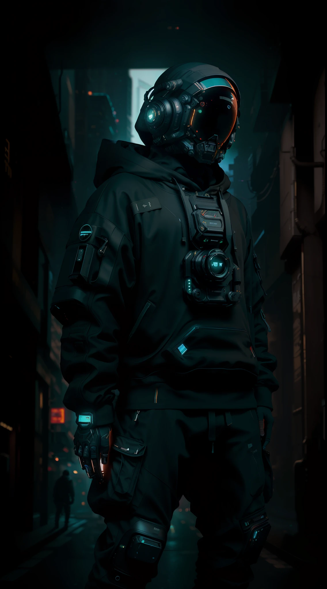 (masterpiece, full body shot, intricate raw photography) Cyberpunk citizen, comfortable oversize black hoodie, black cargo pants, black clothes, dark, wearing a black helmet hitech style Astronaut, intricate, futuristic, advanced technology, dark environment, dramatic, light and shadow, cinematic, action movie, sharpness, random relaxed position, Cyberpunk City, street lights, dark street, night, Insta photo, photo of the year, octane render, substance, Maya 3D,  cinema4D, ArtStation Trending, Devian Art Trend,