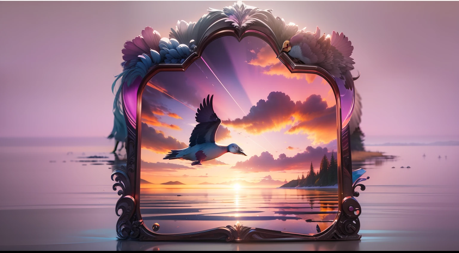 Concept 4: Goose Sunset Reflection
Description: A vivid sunset with splashes of pink and purple reflects on a lake with a Canada goose flying through the mirror-like water.
