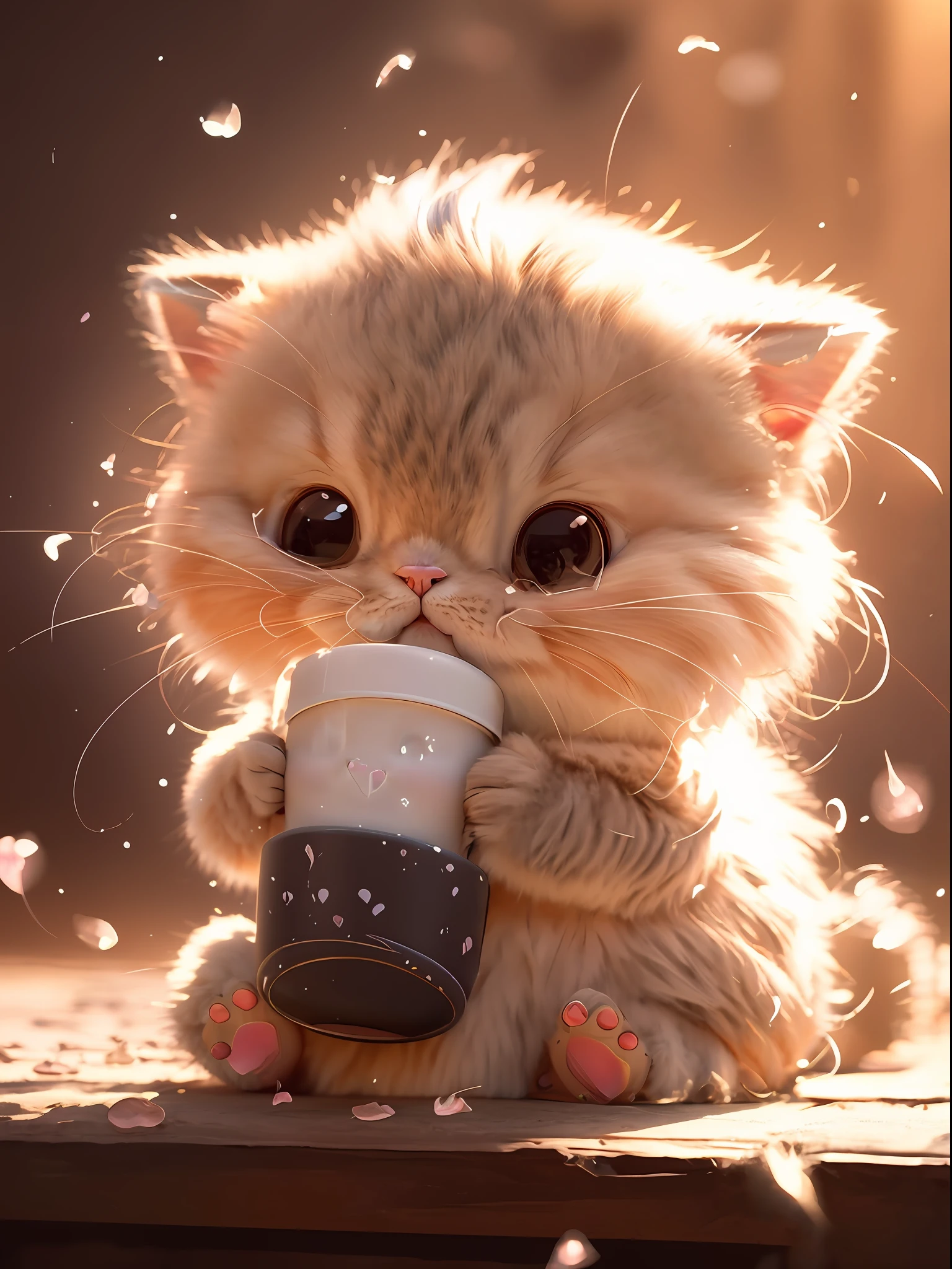 There was a cat holding a cup of coffee, Cute detailed digital art, adorable digital art, lovely digital painting, anime visual of a cute cat, cute detailed artwork, anime cat, Kawaii cat, Cute cat, cute artwork, Cute anime, lovely art style, by Yang J, Beautiful digital artwork, 4K anime wallpaper, Anime art wallpaper 4 K