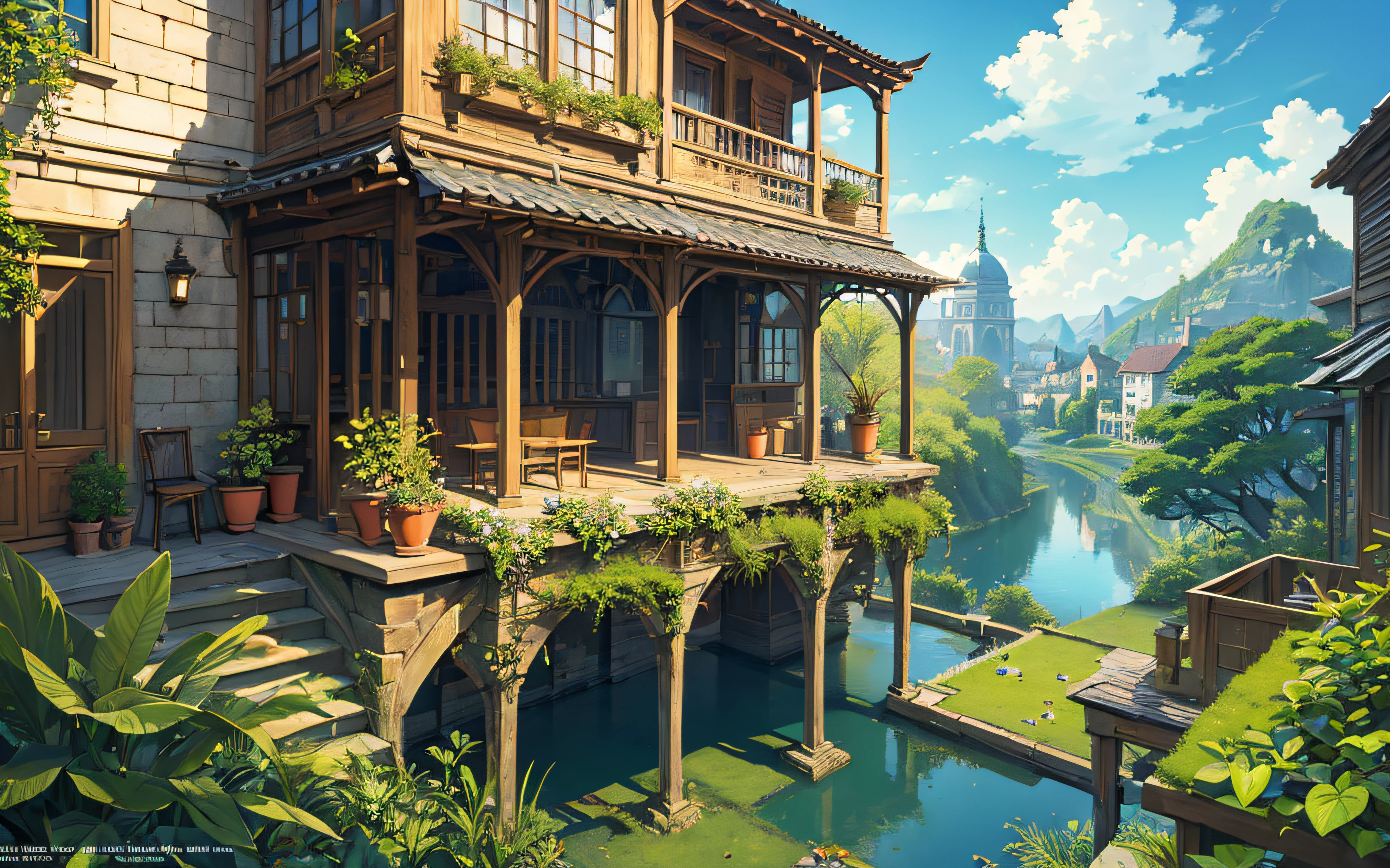 (micro-landscape:1.5),(best quality), ((masterpiece)), (highres), illustration, original, extremely detailed wallpaper, no humans, window, scenery, plant, water, potted plant, outdoors, building, door, house, flower pot, day, lily pad, chair, flower, table, stairs, watermark, hat, tree, sunlight, pond, grass, indoors, reflection, lamp, balcony, black headwear, bush, sky, railing, desk, open window, shelf, leaf, book, web address, copyright name, ladder, architecture, shadow, solo, dated, vines, vase, city, cafe, lantern, bucket, ruins, bench, shop, signature, moss, boat, barrel, river,
