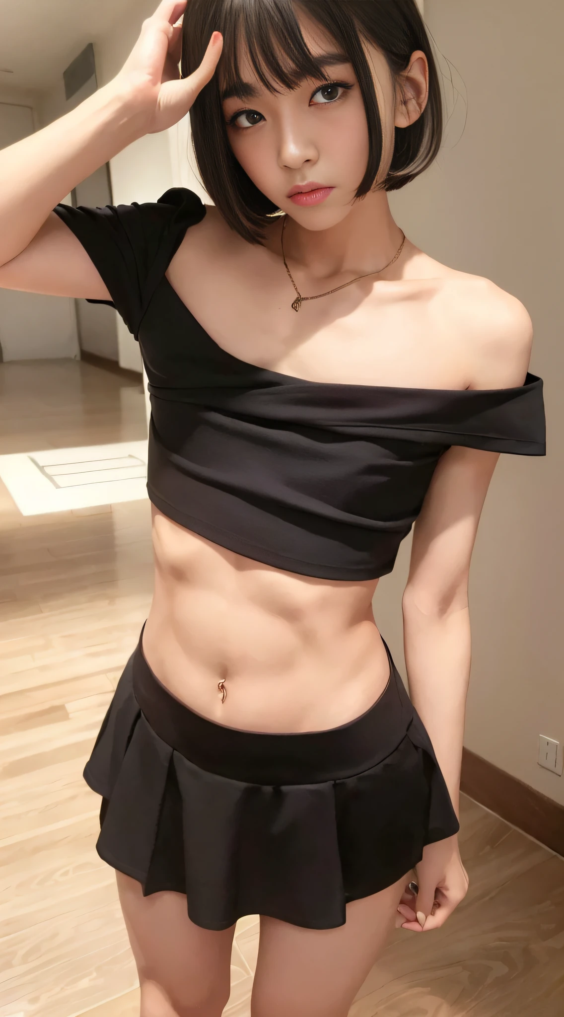 ((Boy's ?????))、Slim board femboy standing in off-shoulder top and flared skirt、Take a selfie with a full-length mirror、heavy make up、Girlish body、Beautiful face like a woman、Large bulging ??????、Body without ???????、 body without muscle、Very flat、very flat ?????、very thin ???????、thin ??????? without very bulge,,,、Beautiful boy with a slender body、Slim body standing、Off-the-shoulder tops、flered skirt、constricted ????、lithe body、Women's men、Beautiful boy with bob hair、Beautiful boy、Beautiful boy、Ikebukuro Owl、