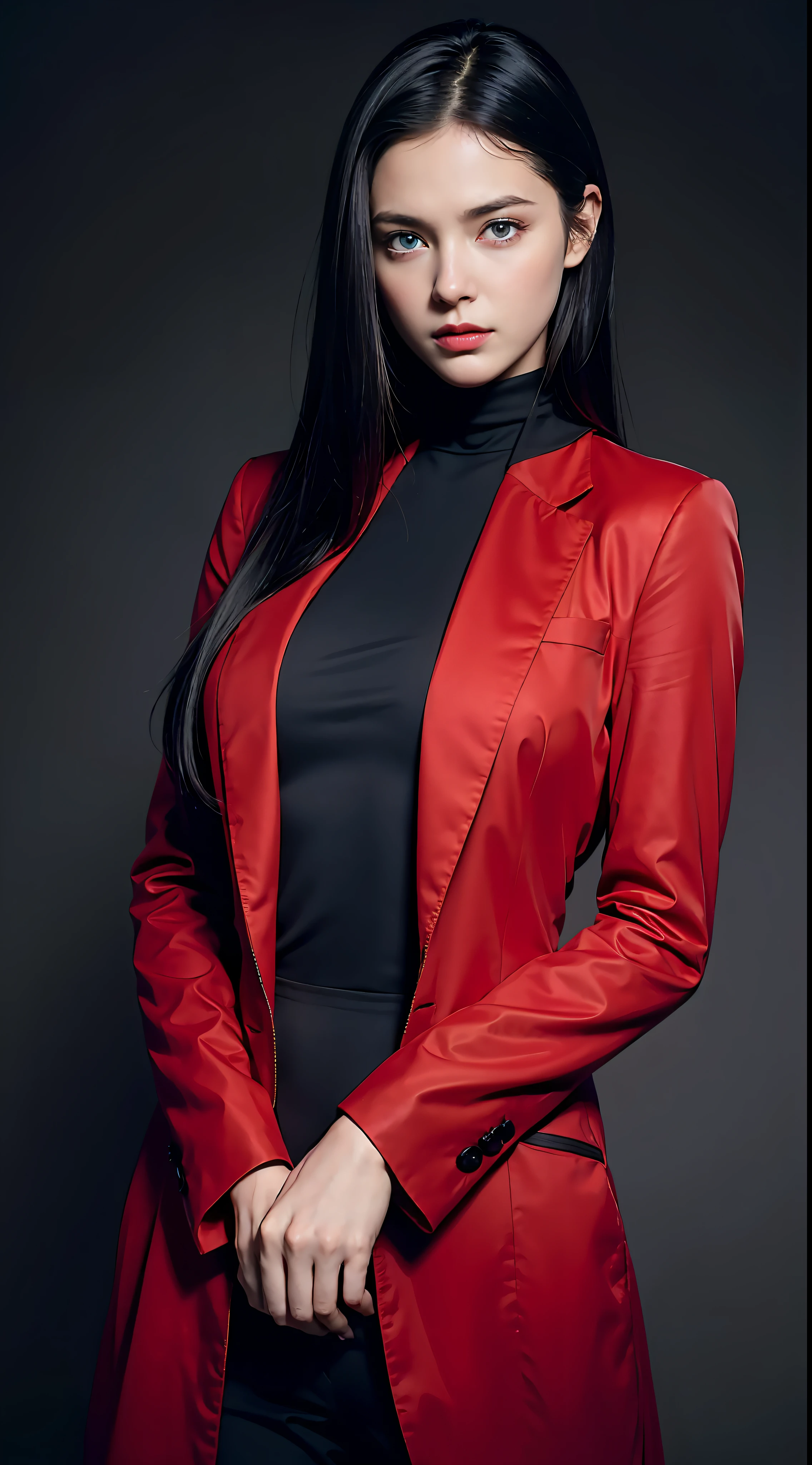 Best quality, masterpiece, ultra high res, (photorealistic:1.4), raw photo, 1girl, black hair, blue eyes, detailed eyes and face, red suit, dynamic lighting, in the dark, deep shadow, low key, cowboy shot, full-lenght body