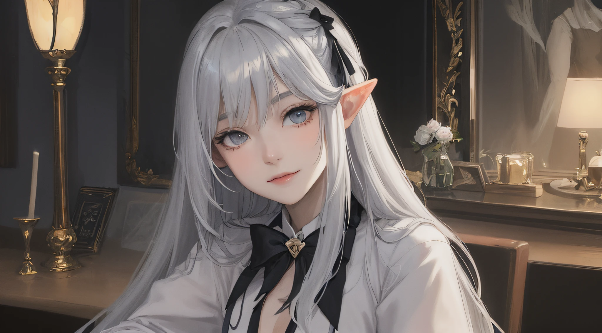 masterpiece, best quality, landscape, Magic style,(Dark Style),fairy tales,(solo:1.3),,(face focus),half body,(close-up:1.2),elf,,(low-key lighting), 1girl, silvery hair, (gray eyes),(long hair),Hair between eyebrows,,Peach dyeing, Layered dress, (white dress), looking at viewer,,indoors, bedroom,night,lighting,(lamp),on bed,bow,smile,,