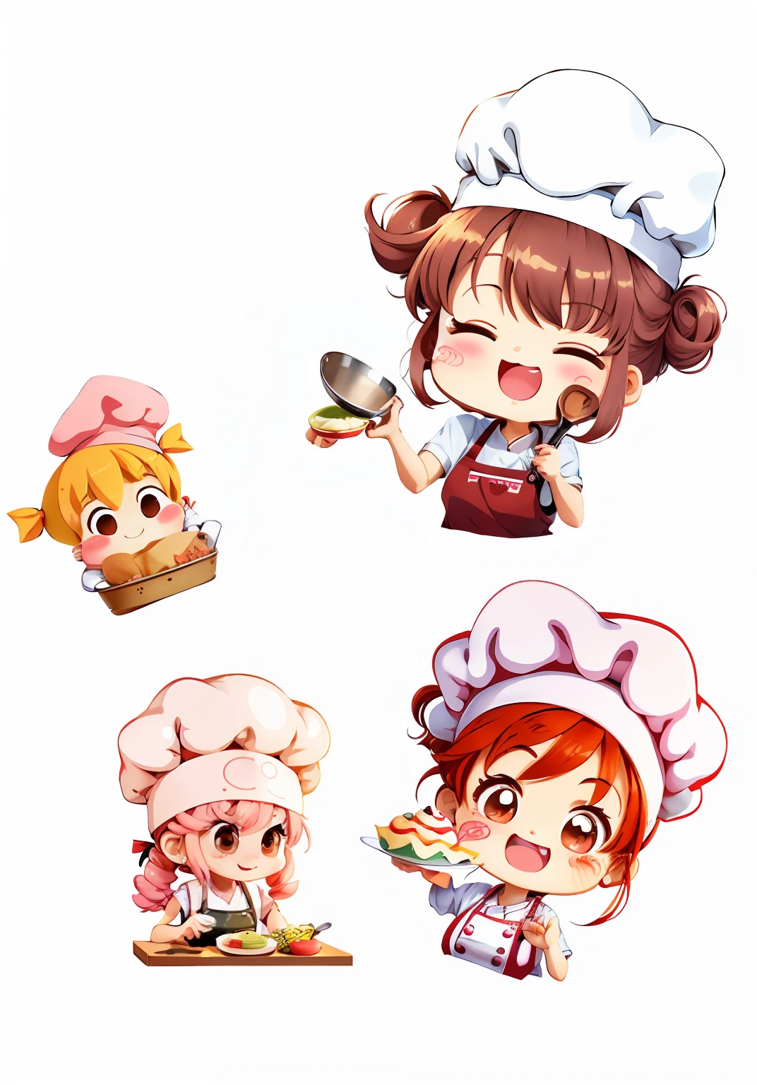 Cartoon female chef stickers with different expressions, Cooking, cooking a, Cute woman, a variety of poses, Happy chef, baking, stickers illustrations, wearing white chef hat,cute kawaii girls, kitchens, adorable expression, Cute cartoon character