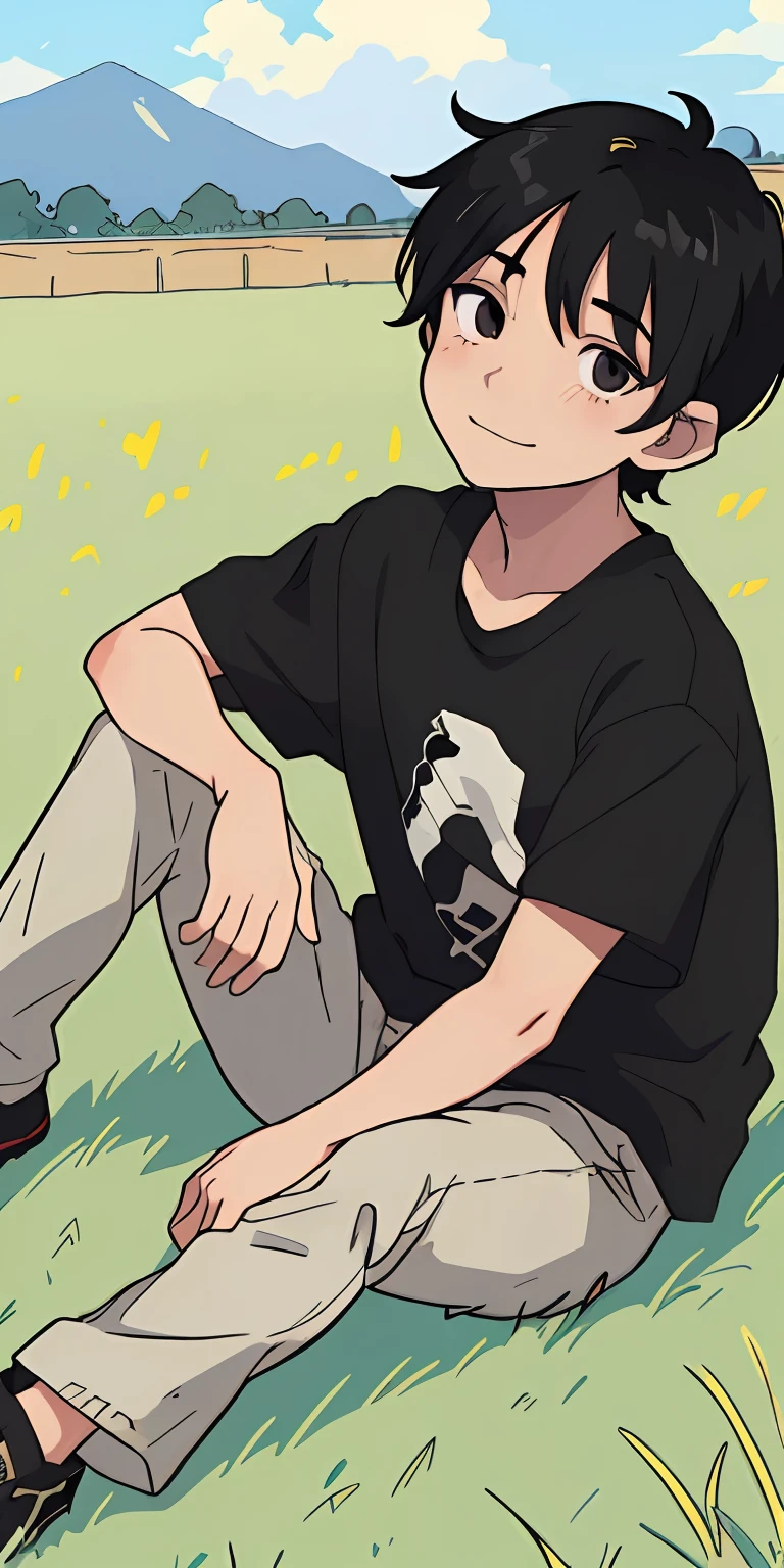 anime illustration, close-up of a boy, having messy black hair, sitting in grass lovingly looking at the camera, ((looking towards camera tilted head)), slight smiling
