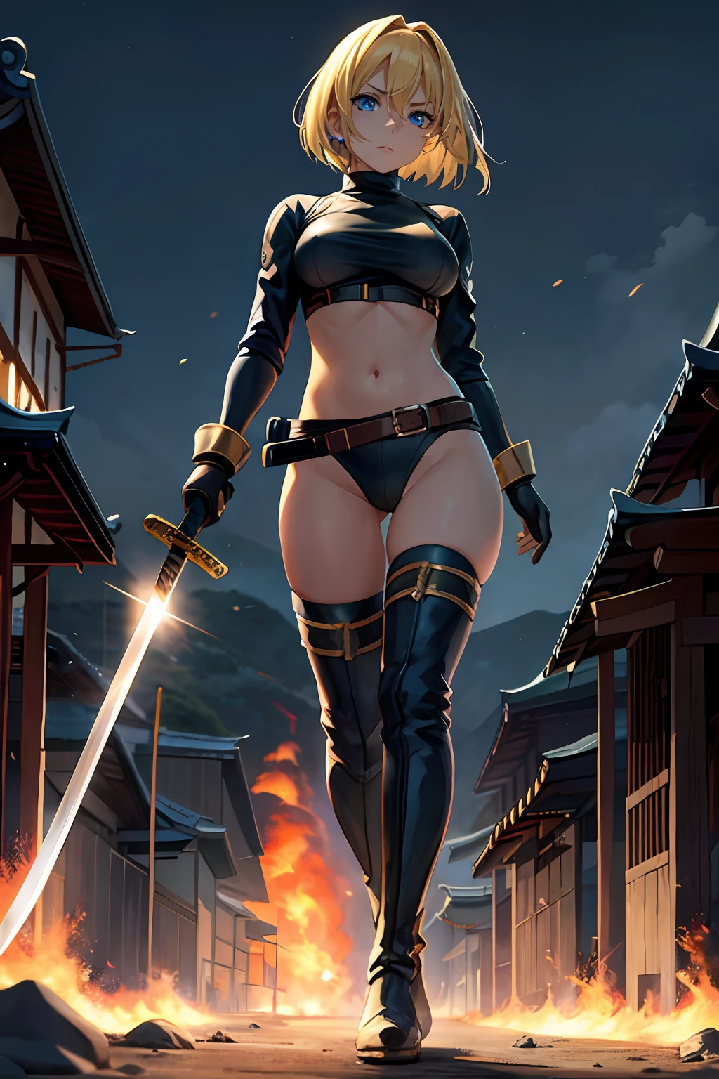 1girl, blonde_hair, blue_eyes, boots, breasts, clenched hand, clenched hands, crop top, full body, gloves, knee boots, medium hair, medium breasts, midriff, navel, bob hair, solo, standing, thighhighs, turtleneck, black leotard, ninja, holding a samurai sword, katana, glowing sword, burning japanese village backdrop, danger atmosphere, grim, stance