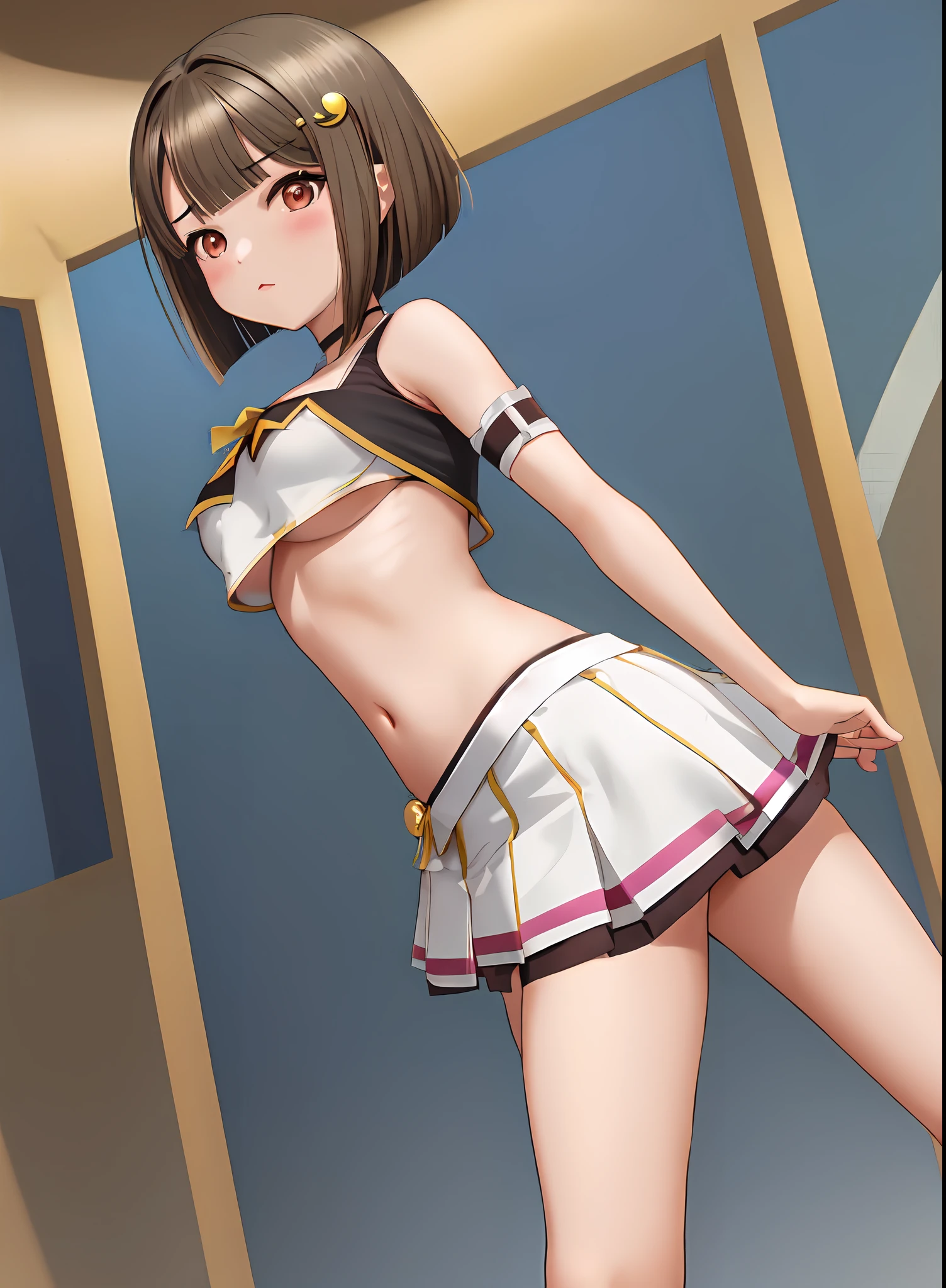 nakasu kasumi, bob cut, light brown hair, short hair, blunt bangs, crescent, crescent hair ornament, hair ornament, hairclip,crop top, underboobs,low waisted skirt, micro skirt, high waisted panties