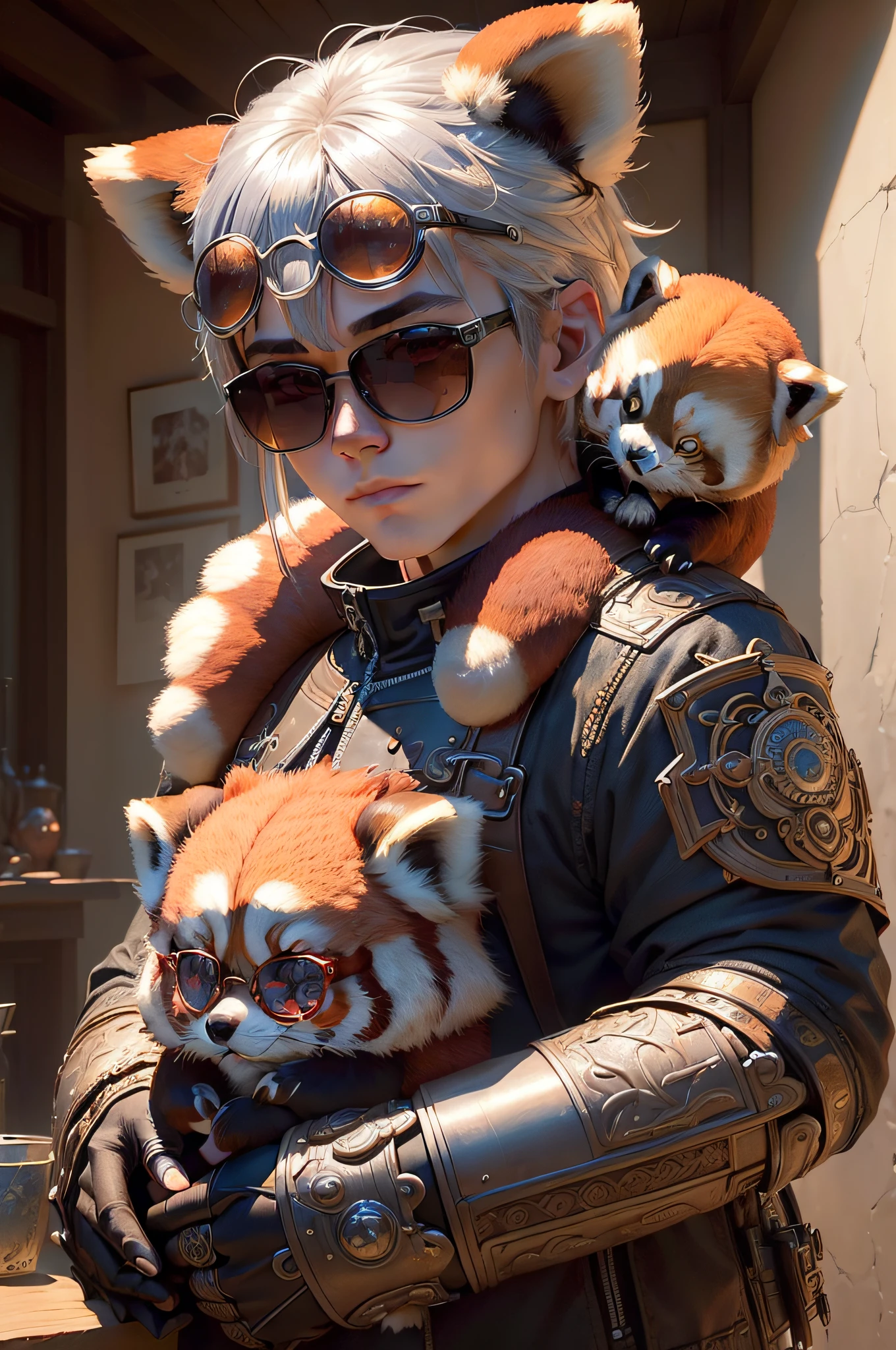 (Photorealsitic:1.4)、(masterpiece:1.3)、(top-quality:1.4)、超A high resolution、(1 neutral boy:1.2)、(Metal silver-haired red panda)、(cyborgs:1.1)、(Sunglasses with round glasses:1.1)、(No ears on the head)、(cool:1.2)、(intricate-detail)、(intricate-detail、ultra-detailliert:1.2)、Cinematic Shots、vignettes、central