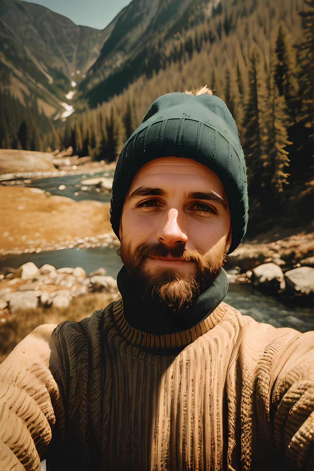 1 man((upper body selfie, happy)), masterpiece, best quality, ultra-detailed, solo, outdoors, (night), mountains, nature, (stars, moon) cheerful, happy, backpack, sleeping bag, camping stove, water bottle, mountain boots, gloves, sweater, hat, flashlight, forest, rocks, river, wood, smoke, shadows, contrast, clear sky, analog style (look at viewer:1.2) (skin texture) (film grain:1.3), (warm hue, warm tone) :1.2), close up, cinematic light, sidelighting, ultra high res, best shadow, RAW, upper body, wearing pullover