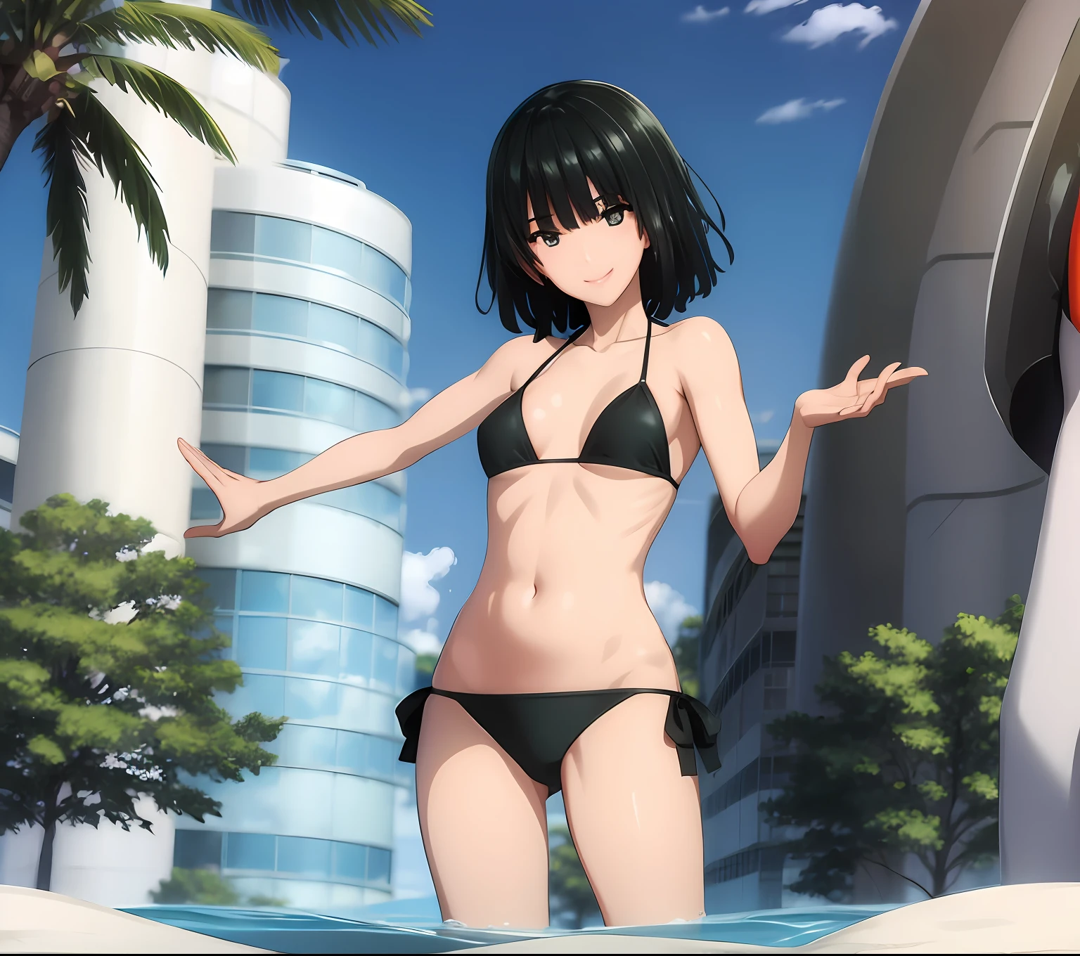 small bikini,Looking back,sonrisa, sol, en la playa, spoken heart medium thighs.