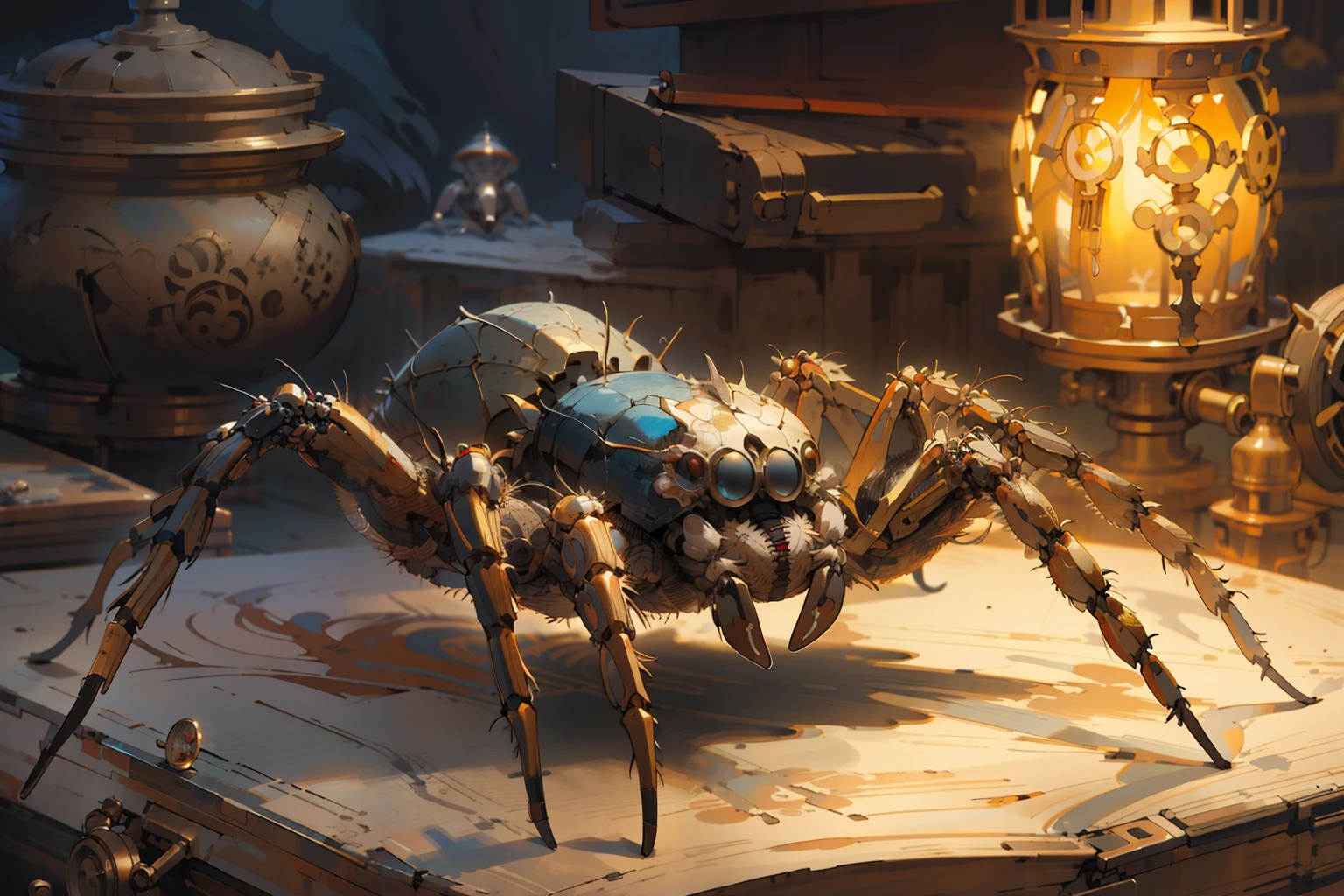 there is a spider that is sitting on a table, highly detailed barlowe 8 k, steampunk spider, kaladesh concept art. mechanical, spider legs large, 8k hd wallpaperjpeg artifact, 8 k hd wallpaperjpeg artifact, highly realistic concept art, spider thorax, expert high detail concept art, realistic fantasy illustration