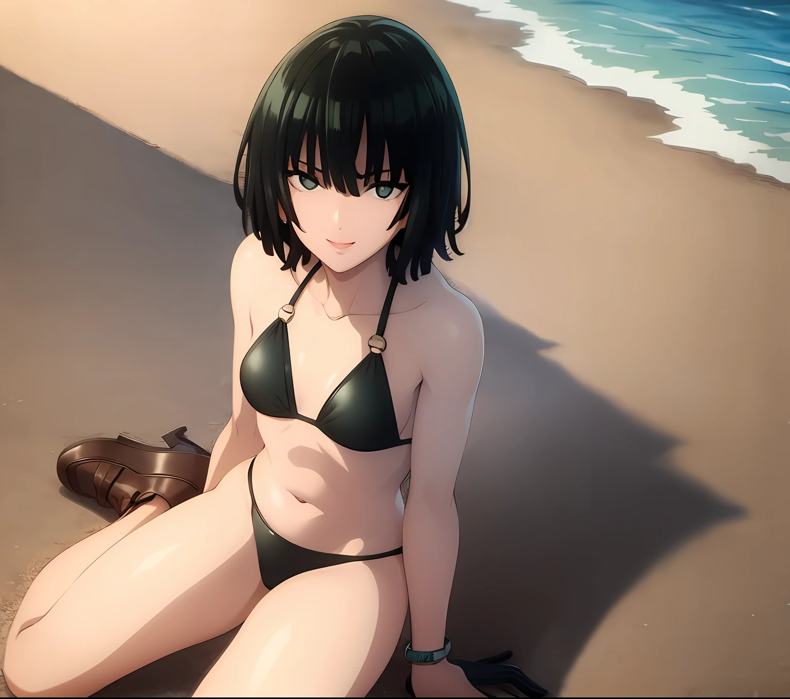 small bikini,Looking back,sonrisa, sol, en la playa, spoken heart medium thighs.