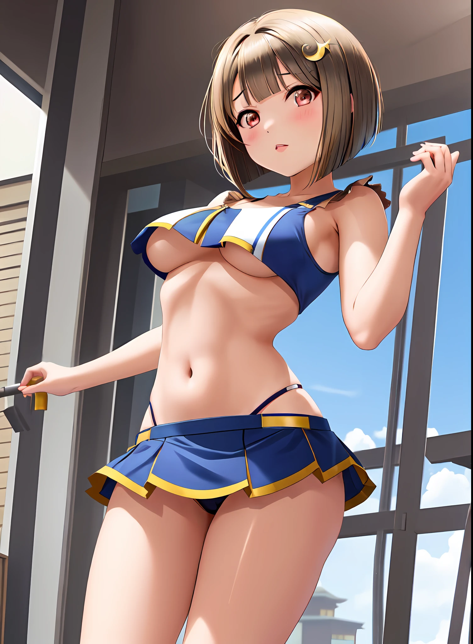 nakasu kasumi, bob cut, light brown hair, short hair, blunt bangs, crescent, crescent hair ornament, hair ornament, hairclip,crop top, underboobs,low waisted skirt, micro skirt, high waisted panties