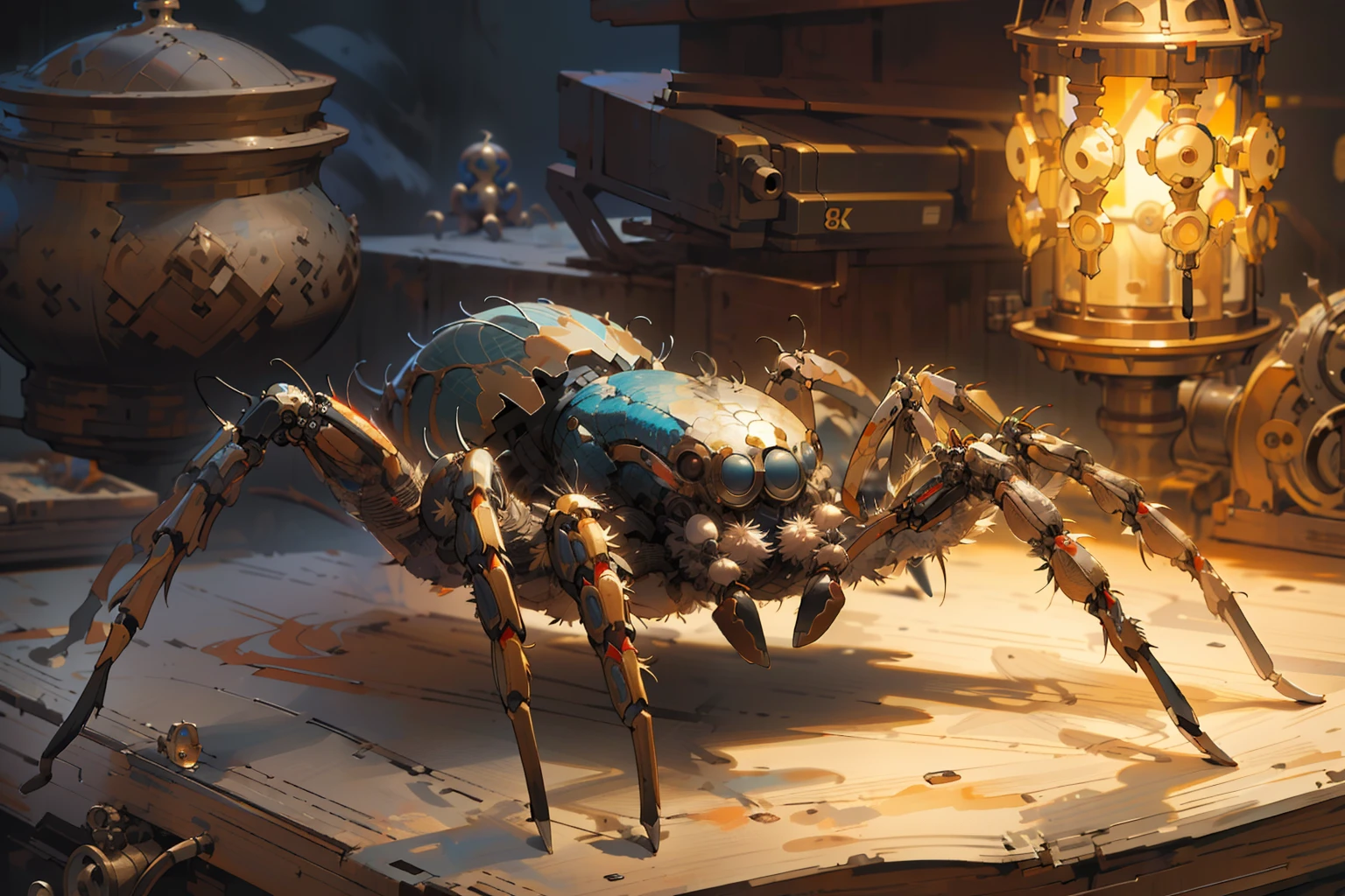 there is a spider that is sitting on a table, highly detailed barlowe 8 k, steampunk spider, kaladesh concept art. mechanical, spider legs large, 8k hd wallpaperjpeg artifact, 8 k hd wallpaperjpeg artifact, highly realistic concept art, spider thorax, expert high detail concept art, realistic fantasy illustration