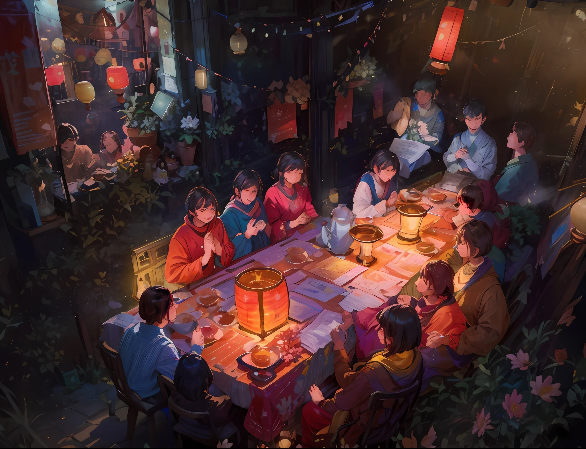 People sat around a table,There are candles and flowers on the table, Bless the soil at night, photo taken at night, Morning glow, beautifully lit, lit up, celebrating, Warm glow, DOA, As night fell, set at night, photograph taken in 2 0 2 0, tea drinking and paper lanterns, Crowds of people prayed, light glow, Bragging