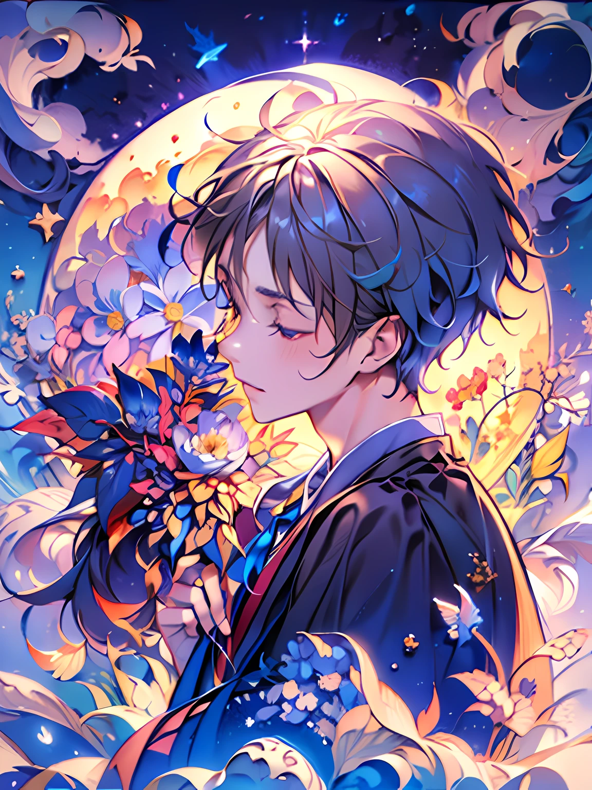 (((masterpiece))),best quality, illustration, sky, cloud, star \(symbol\),1man, handsome man, short hair, night, moon, star \(sky\), night sky, starry sky, vibrant color scheme, Soft light,(warm color:1.2),Water color painting, light background, best quality exquisite details,3d rendering,Octane render, paper_cut