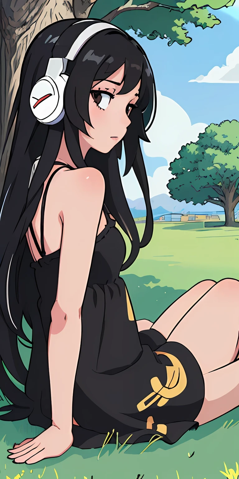 perfect anime illustration, extreme close-up portrait girl with black long hair sitting on the grass, near the tree, wearing a sundress, listening to music on headphones, ((view seen from the side))