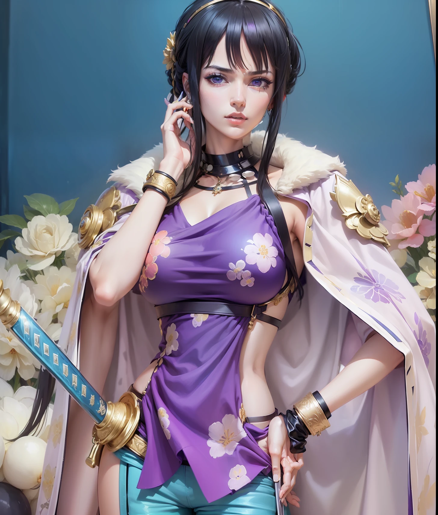 (((masterpiece+best quality+high resolution+ultra-detailed))),tashigi\(one piece\),black hair,black eye,with eye galasses,purple floral dress,have a sword,blue pants,