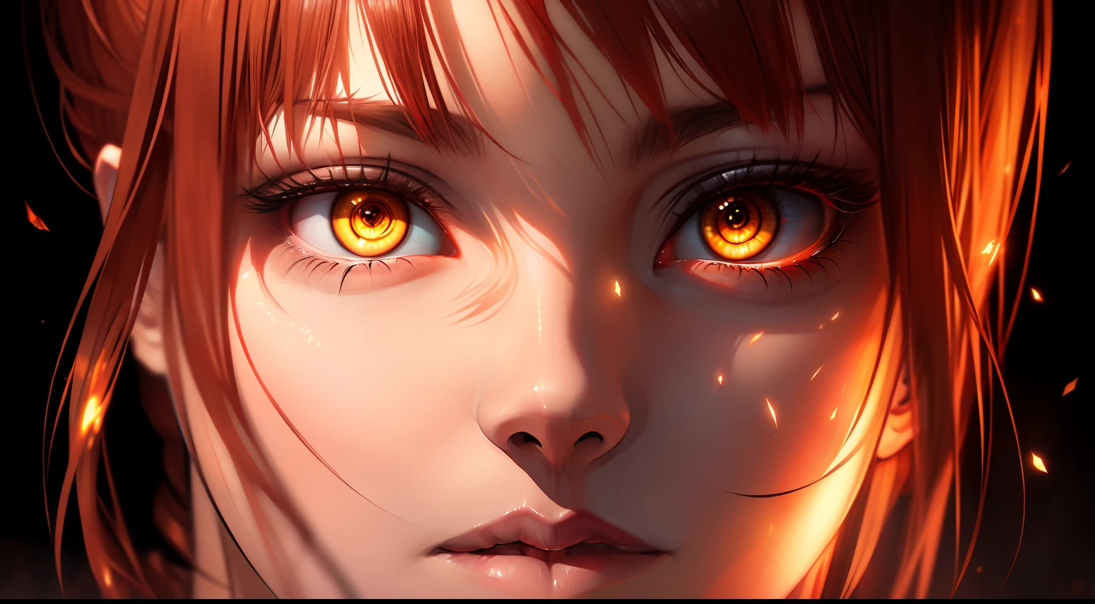 {{masterpiece}}, {{ high quailty}} super detailed, ultra photorealistic, portrait of Makima, inspired form Chainsawman anime, CGI, UHD< ultra detailed, sharp detailed, yellow eyes, red, hair, white shirt, portrait, looking into the camera with her sharp eyes, attractive eyes, makima portrait, soft smooth symmetrical skin, vibrant volumetric lightning, superdetailed