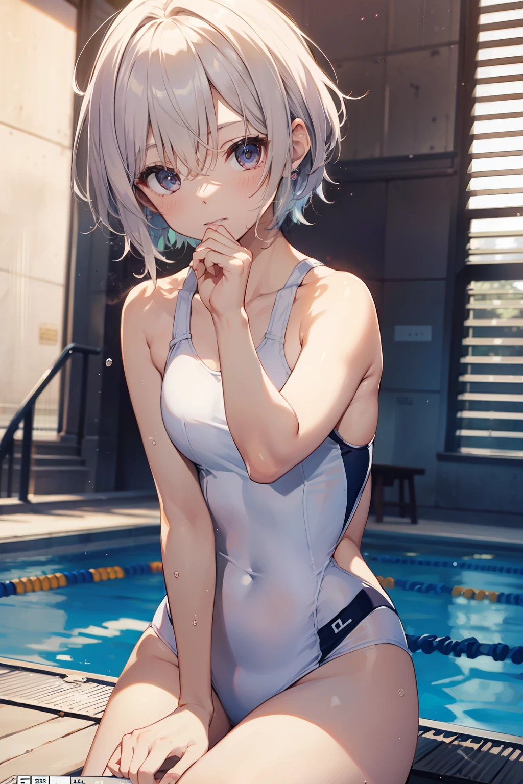 top-quality、Full limbs、complete fingers、Slender beauty、straight haired、extra very short hair、White knee-high、white school swim suit、Small eyes