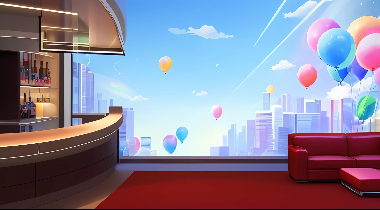 This is an illustration of an anniversary scene。 The close-up view is on a red-carpeted terrace,To the left of the platform is a bar bar,On the right is a red leather sofa,Through the back of a large transparent glass window,It is the backdrop of bustling city high-rises that are celebrating,Blue skies,Colorful streamers and balloons of various colors float in the sky