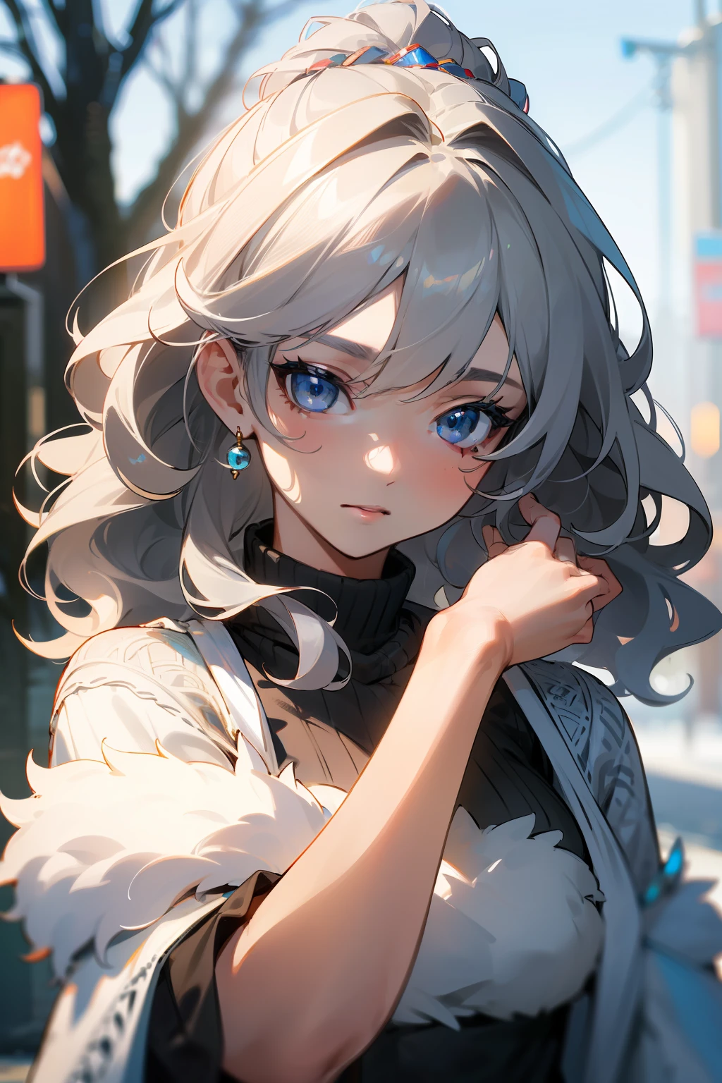 (masterpiece, best quality), intricate details, 8k, sharp focus, (bokeh) (best quality) (detailed skin:1.3) (intricate details) (8k) (detailed eyes) (anime) (perfect face) grey hair, blue eyes, wavy hair, medium hair, beautiful, modern, girl, bright, outdoors, winter, model, pose, fur, knitwear, mature, woman