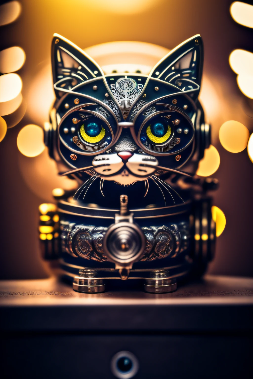 Cute furry kitten made of metal, robot, cyberpunk style, clockwork device, ((intricate detail)), HDR, big eyes, ((intricate detail, super detail)), vacuum tube or vacuum tube, movie shot, vignette, bokeh effect background