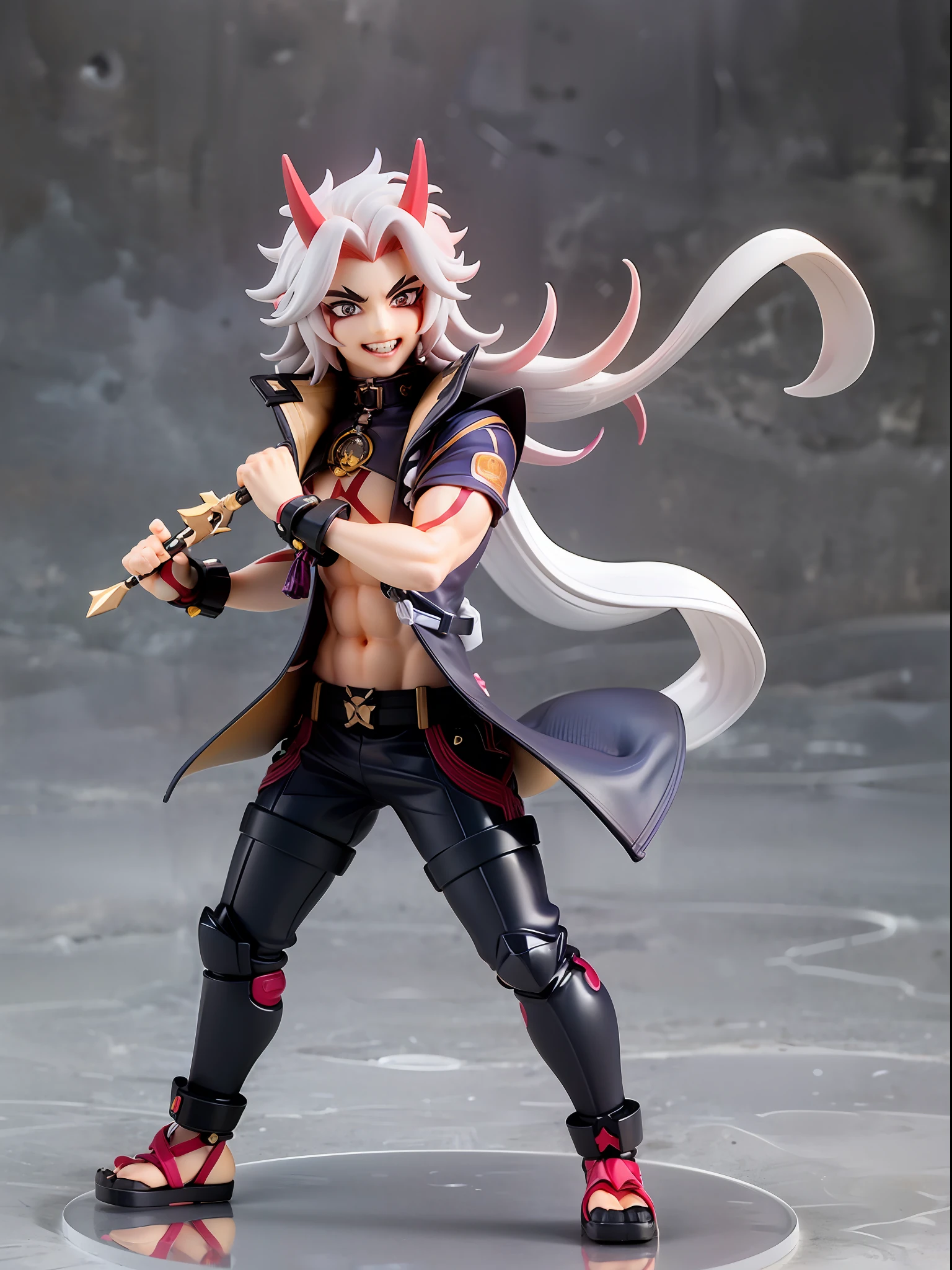 (Blind box toy style:1.3), (Full body shot) , 1 masterpiece, Best quality, ((anatomy correct，1 boy solo)),(arataki itto：1.2) (Genshin Impact), laugh,male focus, black nails, arataki itto, red horns, solo, long white hair,  Clean, Clean dark background （circular base）( Global illumination, Ray traching, hdr, unreal render,reasonable design, high detal, Masterpiece, Best quality, hyper HD, Cinematic lighting)