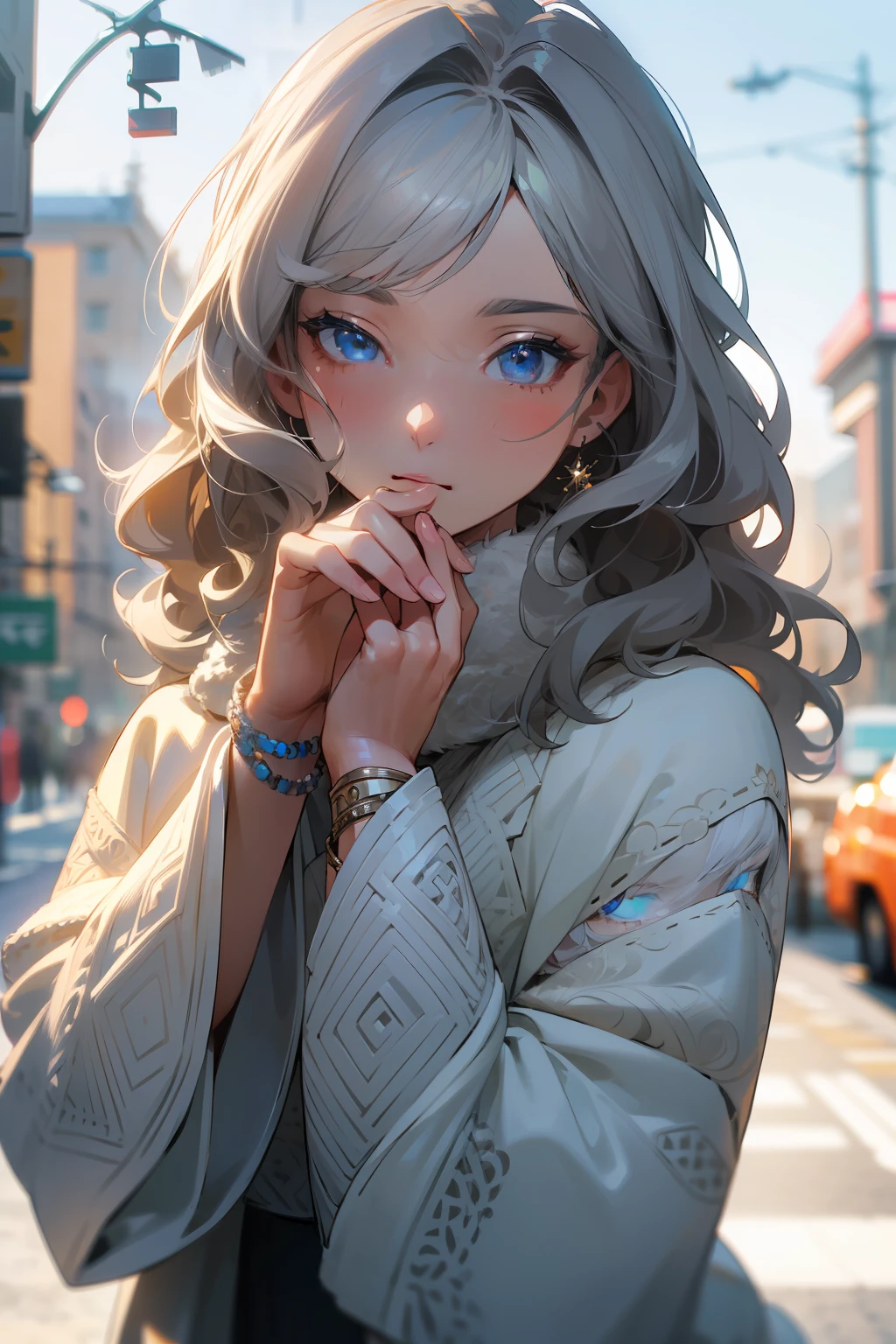 (masterpiece, best quality), intricate details, 8k, sharp focus, (bokeh) (best quality) (detailed skin:1.3) (intricate details) (8k) (detailed eyes) (anime) (perfect face) grey hair, blue eyes, wavy hair, medium hair, beautiful, modern, girl, bright, outdoors, winter, model, pose, fur, knitwear, mature, woman