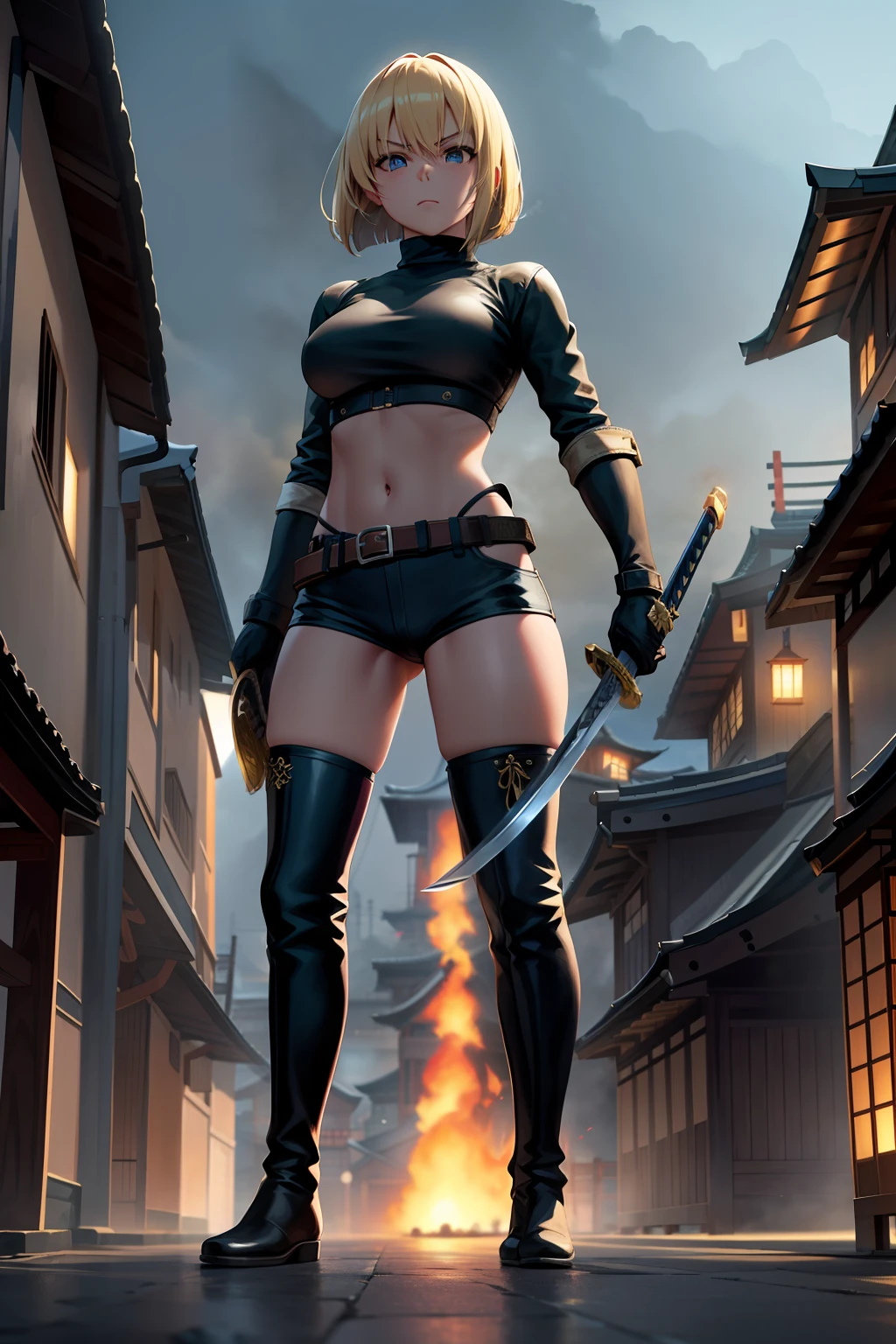 1girl, blonde_hair, blue_eyes, boots, breasts, clenched hand, clenched hands, crop top, full body, gloves, knee boots, medium hair, medium breasts, midriff, navel, bob hair, solo, standing, thighhighs, turtleneck, black leotard, ninja, holding a samurai sword, katana, glowing sword, burning japanese village backdrop, danger atmosphere, grim, stance